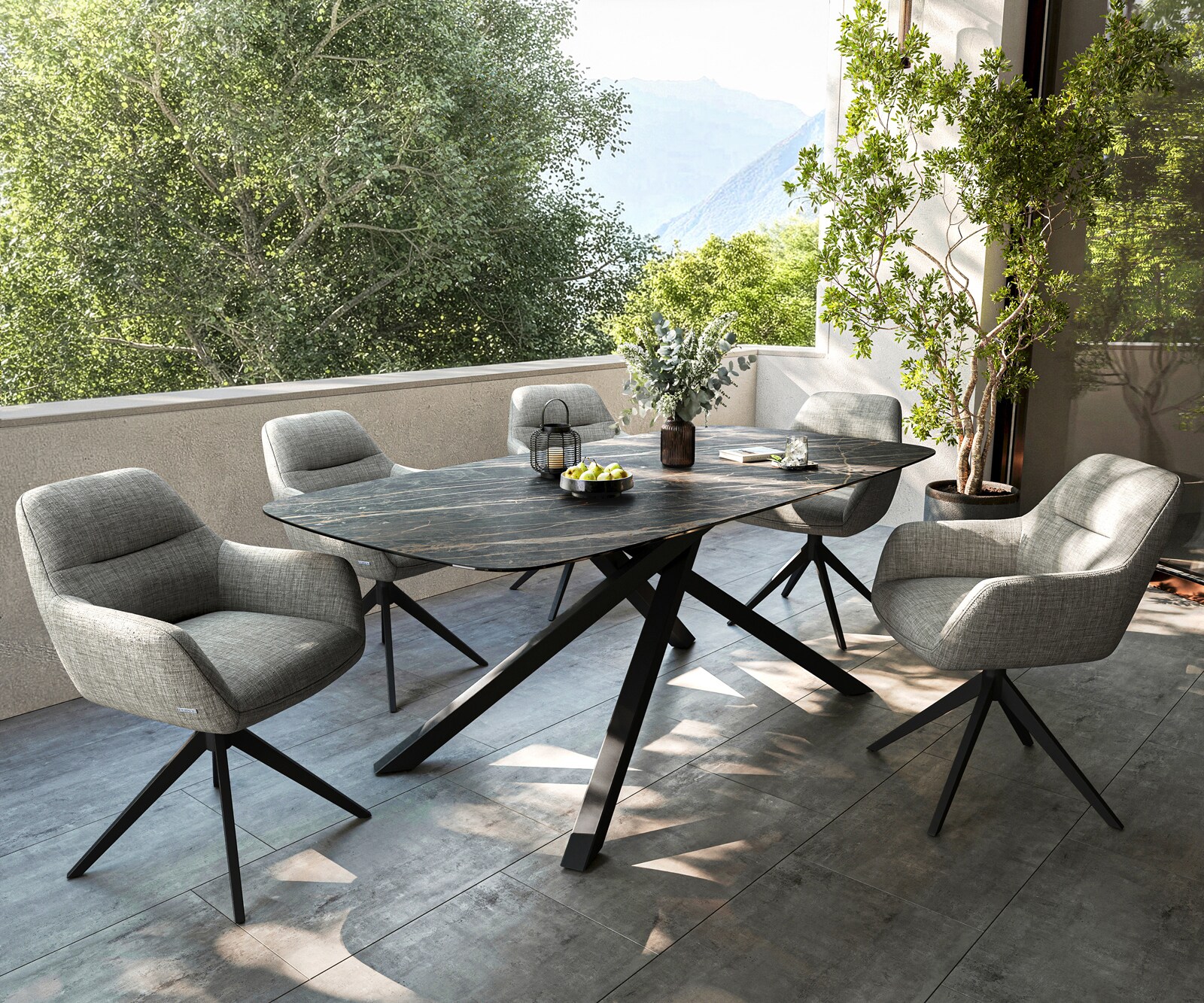 Stół ogrodowy Edge w kształcie beczki 200x100 cm ceramika Laminam® Noir Desir brązowa rama Cross metal czarny 6