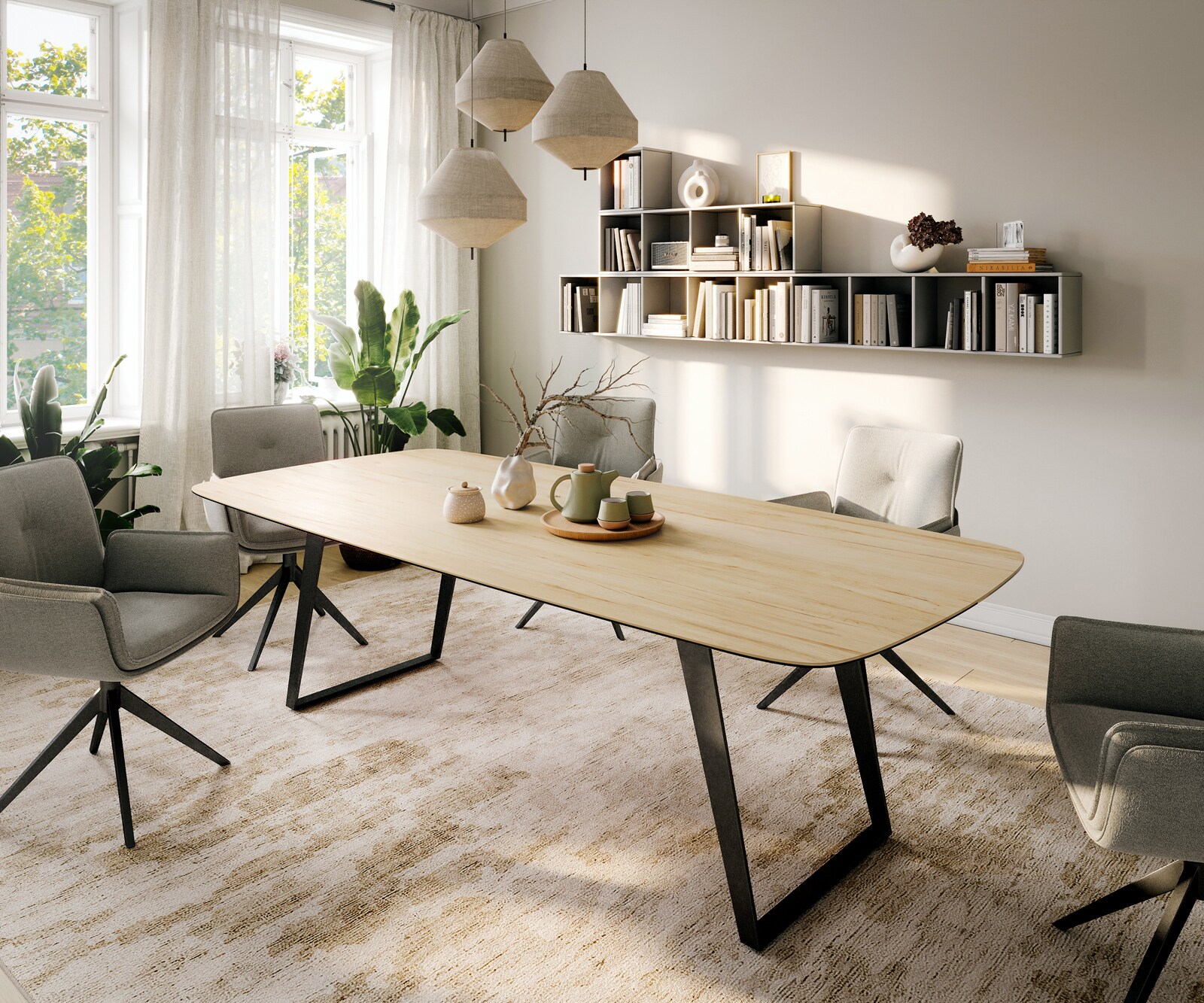 Stół do jadalni Edge w kształcie beczki 260x120 cm ceramika Laminam® Sabbia w kolorze dębu rama pochylona metal czarny