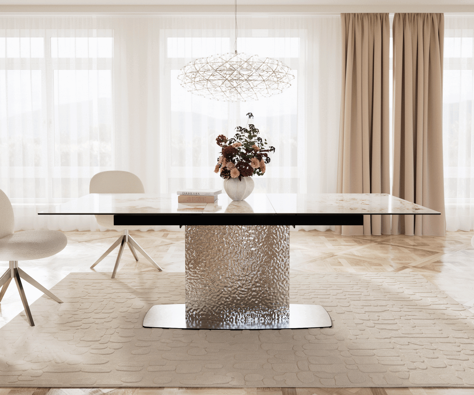Stół do jadalni Edge 180-220x100 cm ceramika Minas Melange biało-beżowy rama Wave stal nierdzewna rozkładany 1