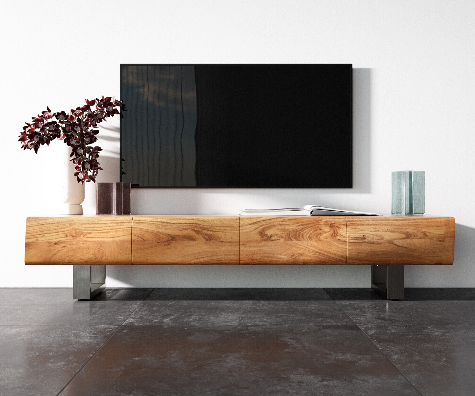 Szafka RTV New Live-Edge 175 cm akacja naturalna 4 drzwi nóżki płozowe szczotkowana stal nierdzewna 3