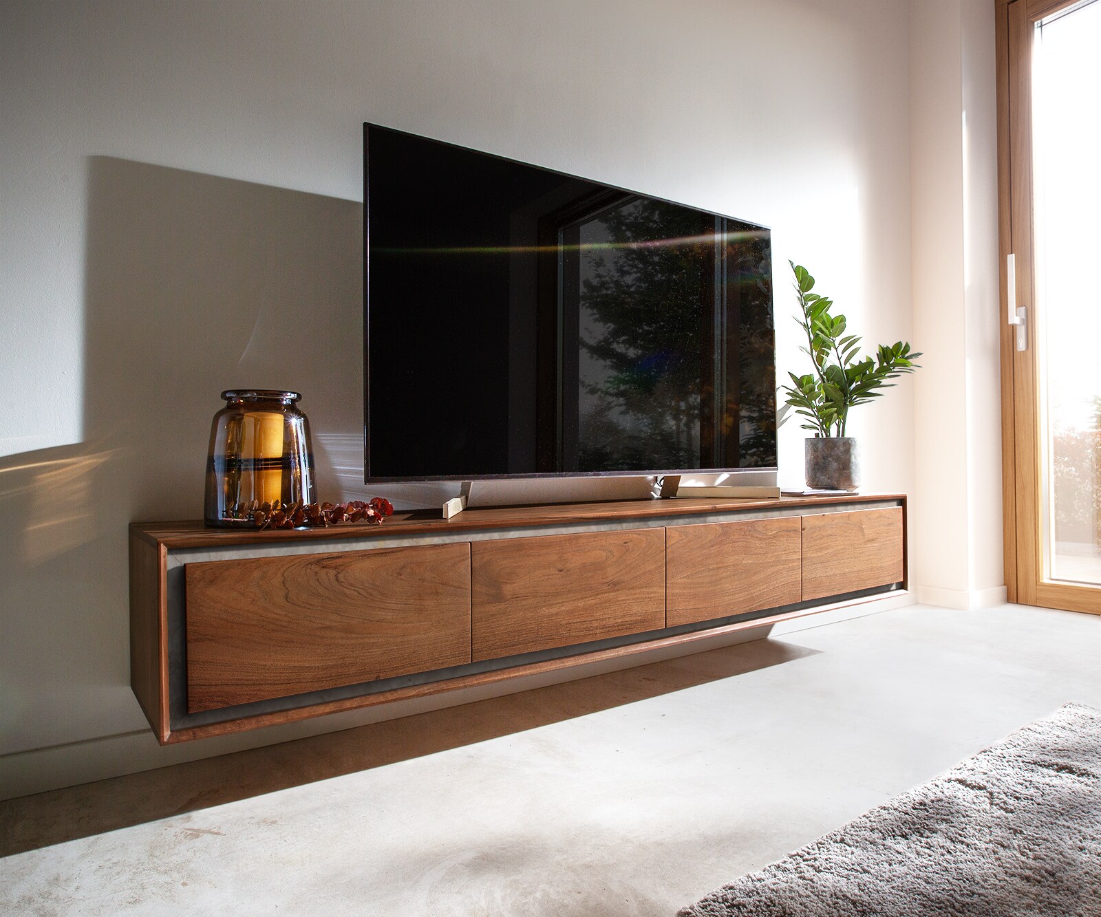 Szafka RTV Stonegrace 200 cm akacja brązowa fornir kamienny 4 drzwi podwieszana 1