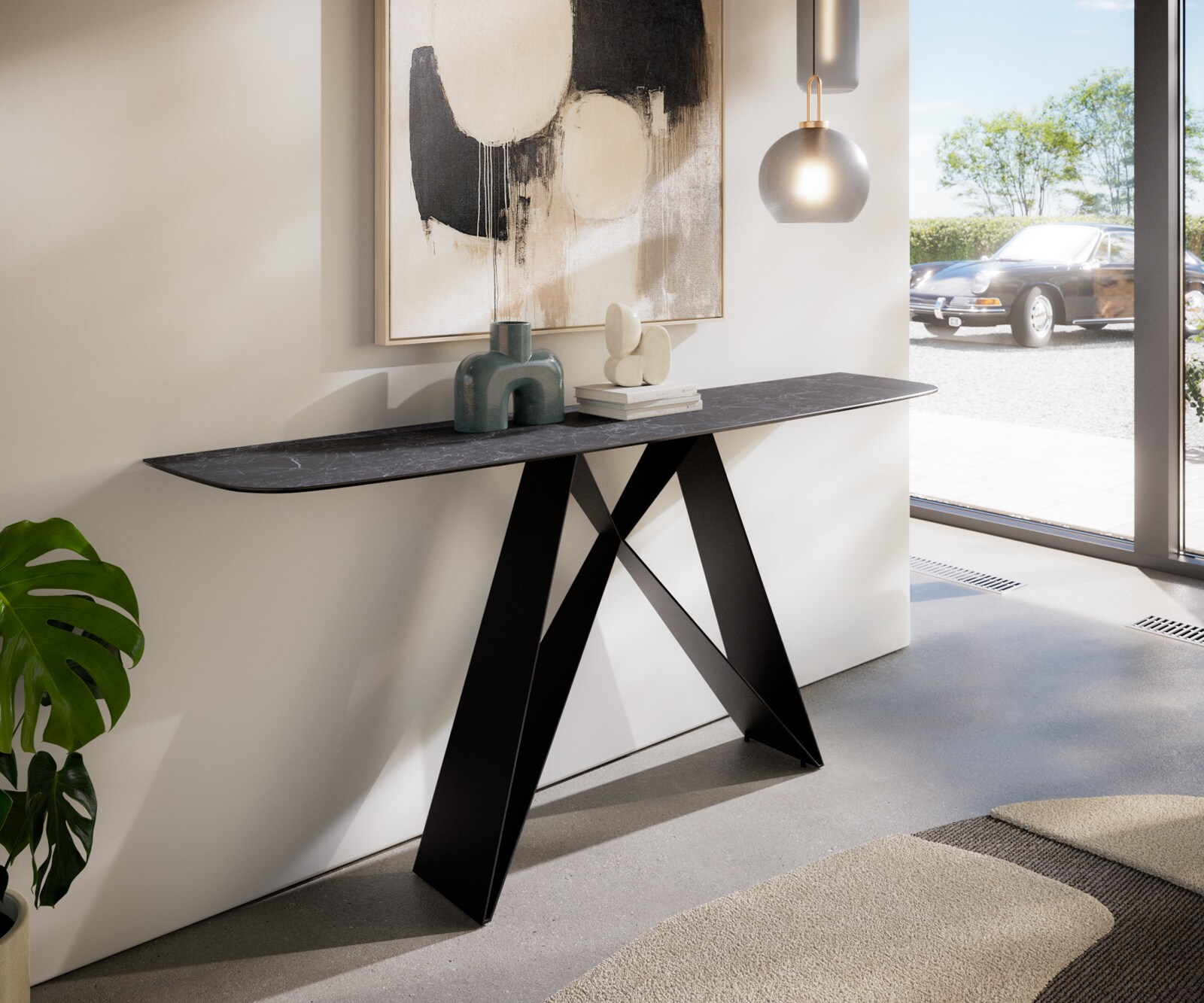 Konsola Edge w kształcie beczki 180x40 cm Laminam® Nero Greco antracytowa podstawa Velio metal czarny 4