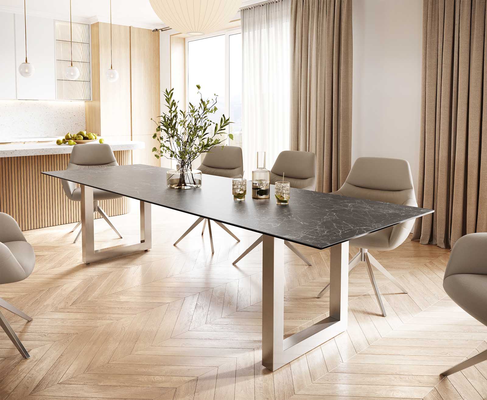 Stół do jadalni Edge 300x100cm ceramika Laminam® Nero Greco antracyt stal nierdzewna szeroka rama