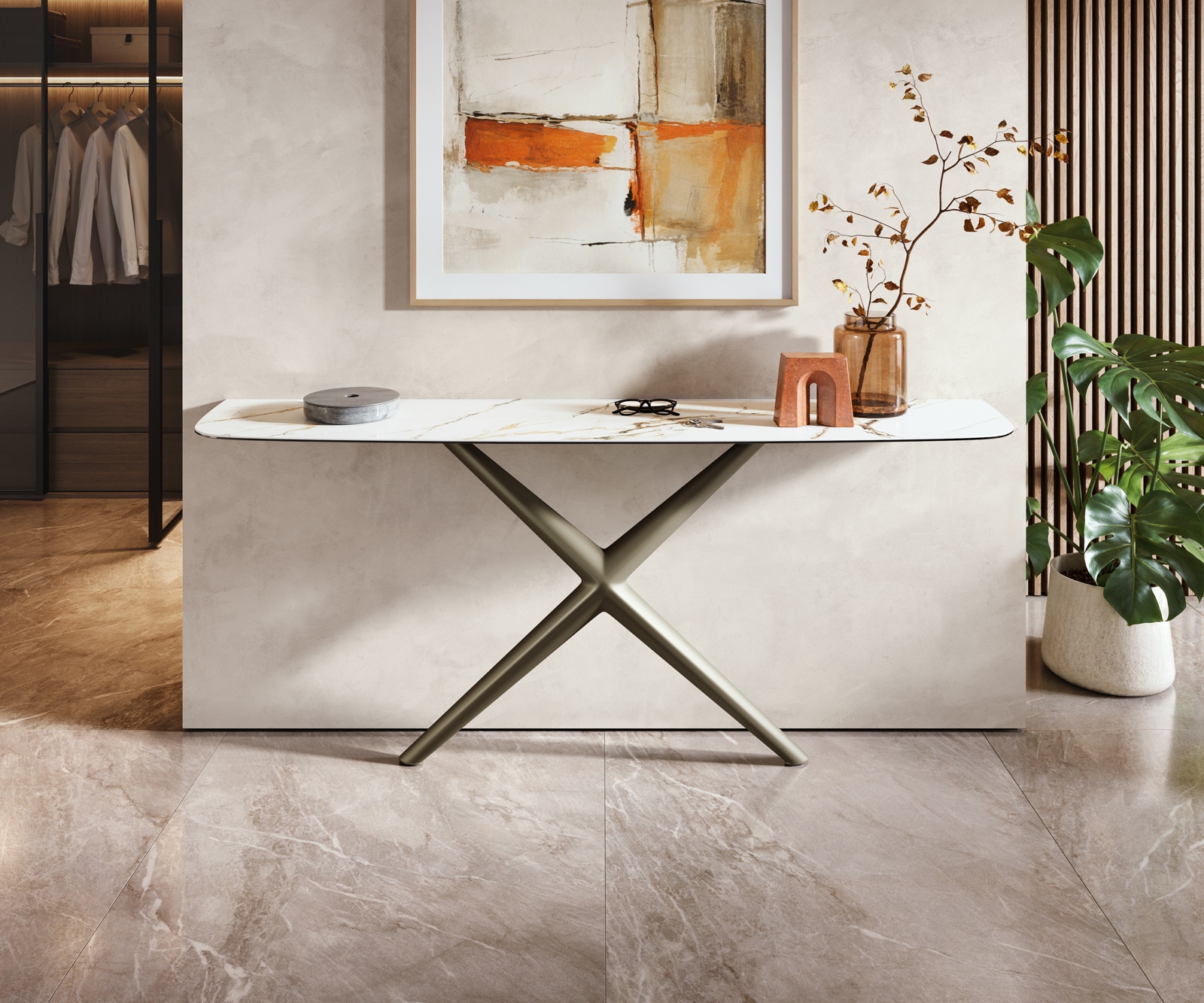 Konsola Edge w kształcie beczki 180x40 cm Calacatta Luxe biało-złoto-szara rama Estelo metal w kolorze tytanu 1