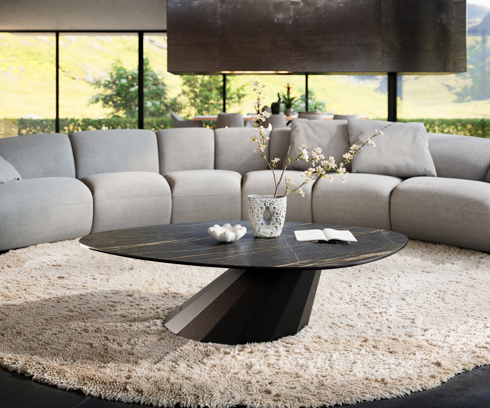 Stolik kawowy Edge organiczny 140x76 cm ceramika Laminam® Noir Desir brązowy Parabi czarny metal 1