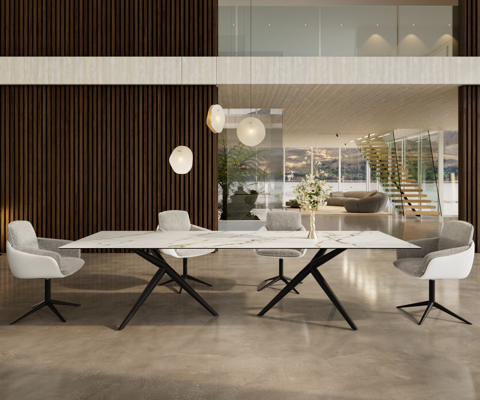 Stół do jadalni Edge 300x100cm ceramika Calacatta Luxe biało-złoto-szary rama Estelar metal czarny