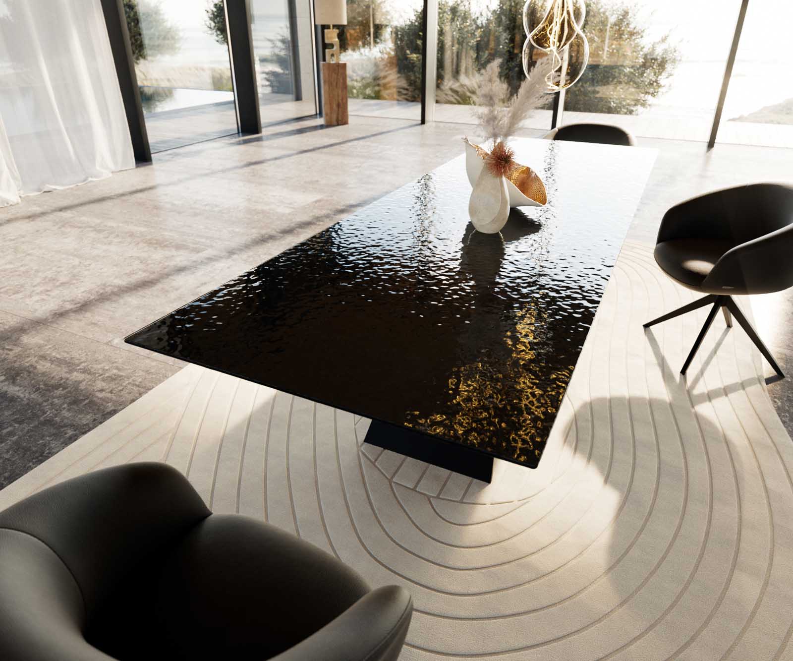 Stół do jadalni Edge 300x100cm szkło reliefowe czarne efekt 3D rama V metal czarna 6