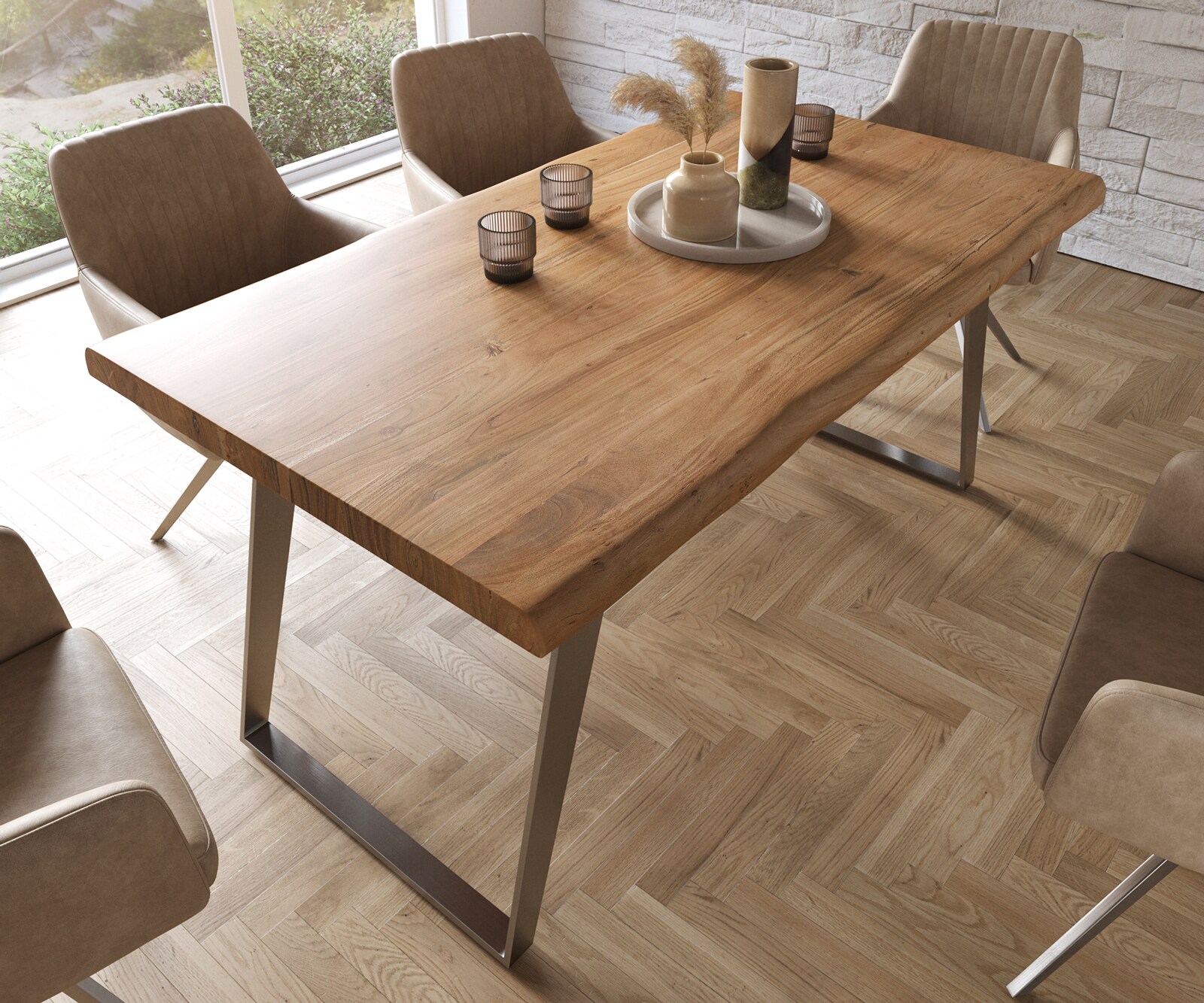Stół do jadalni Edge 160x90cm XL akacja naturalna stal nierdzewna pochylona rama live-edge 3