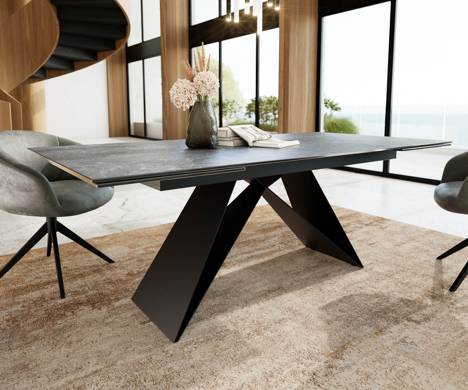 Stół do jadalni Edge 200-300x100 cm ceramika Laminam® Nero Greco antracyt rama V metal czarna rozkładany 3
