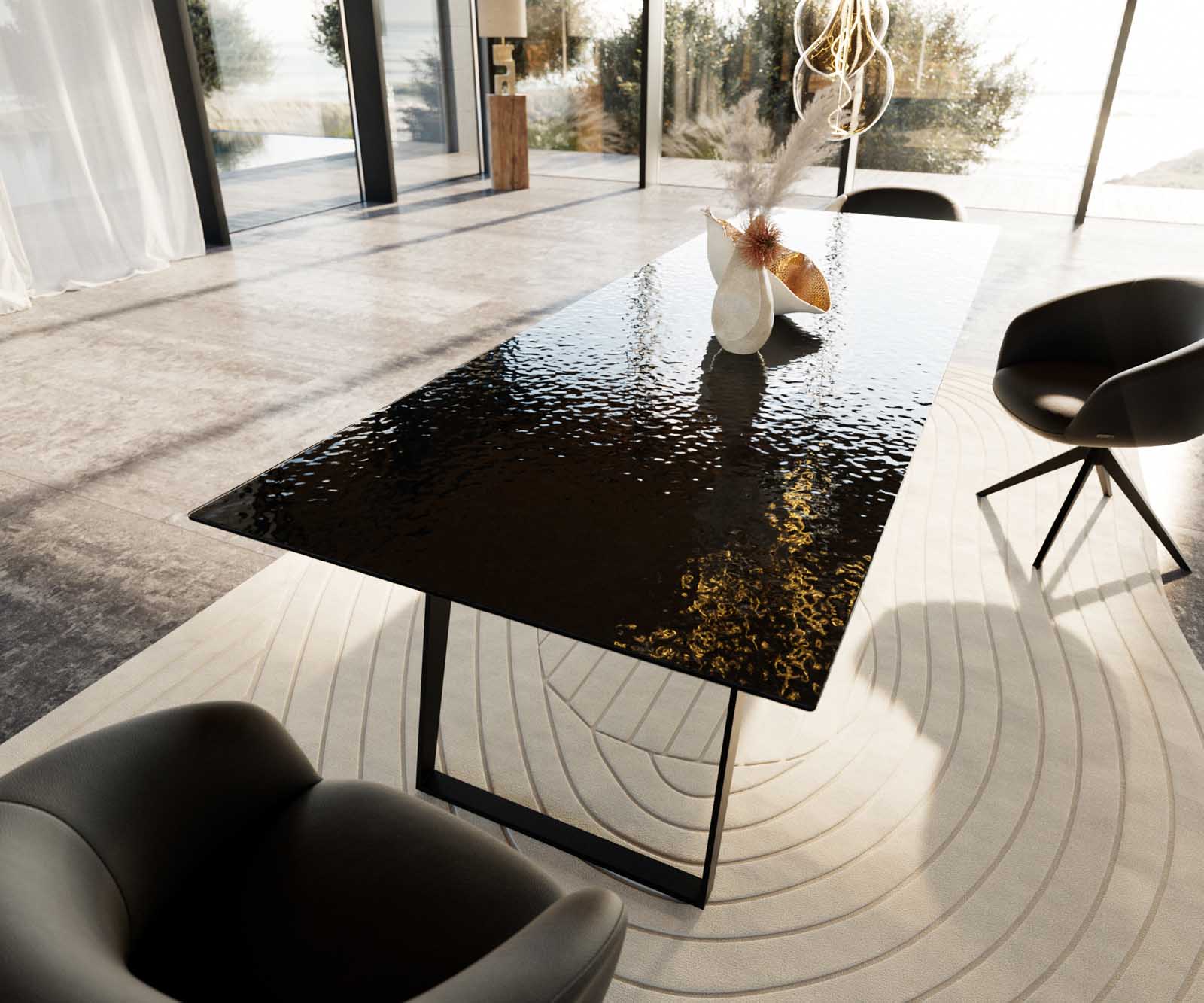 Stół do jadalni Edge 300x100cm szkło reliefowe czarne efekt 3D pochylona rama metal czarna 6