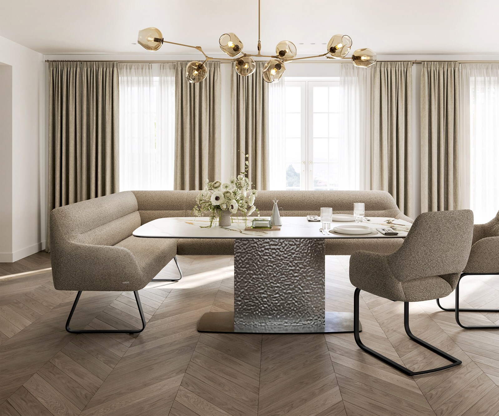 Ławka do jadalni Taya-Flex 285x190 cm bouclé szaro-brązowy podstawa płozowa płaska metal czarny sprężyny kieszeniowe prawa 2