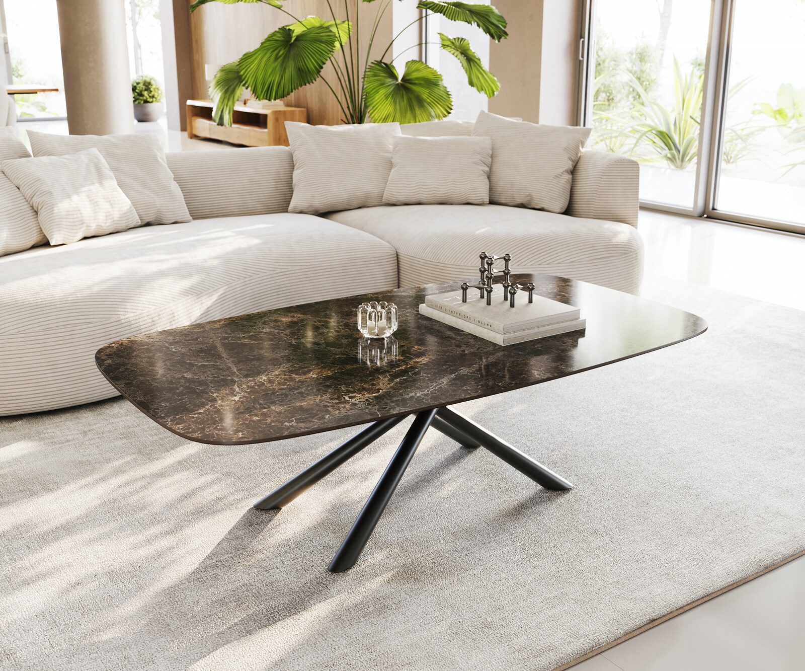 Stolik kawowy Edge w kształcie beczki 140x80 cm ceramika Laminam® Emperador Extra Lucidato ciemnobrązowy Sarity czarny metal 1