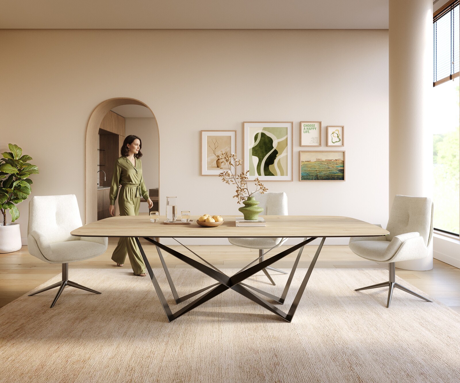 Stół do jadalni Edge w kształcie beczki 240x120cm ceramika Laminam® Sabbia kolor dębowy rama Spider stal nierdzewna kolor grafitowy 1