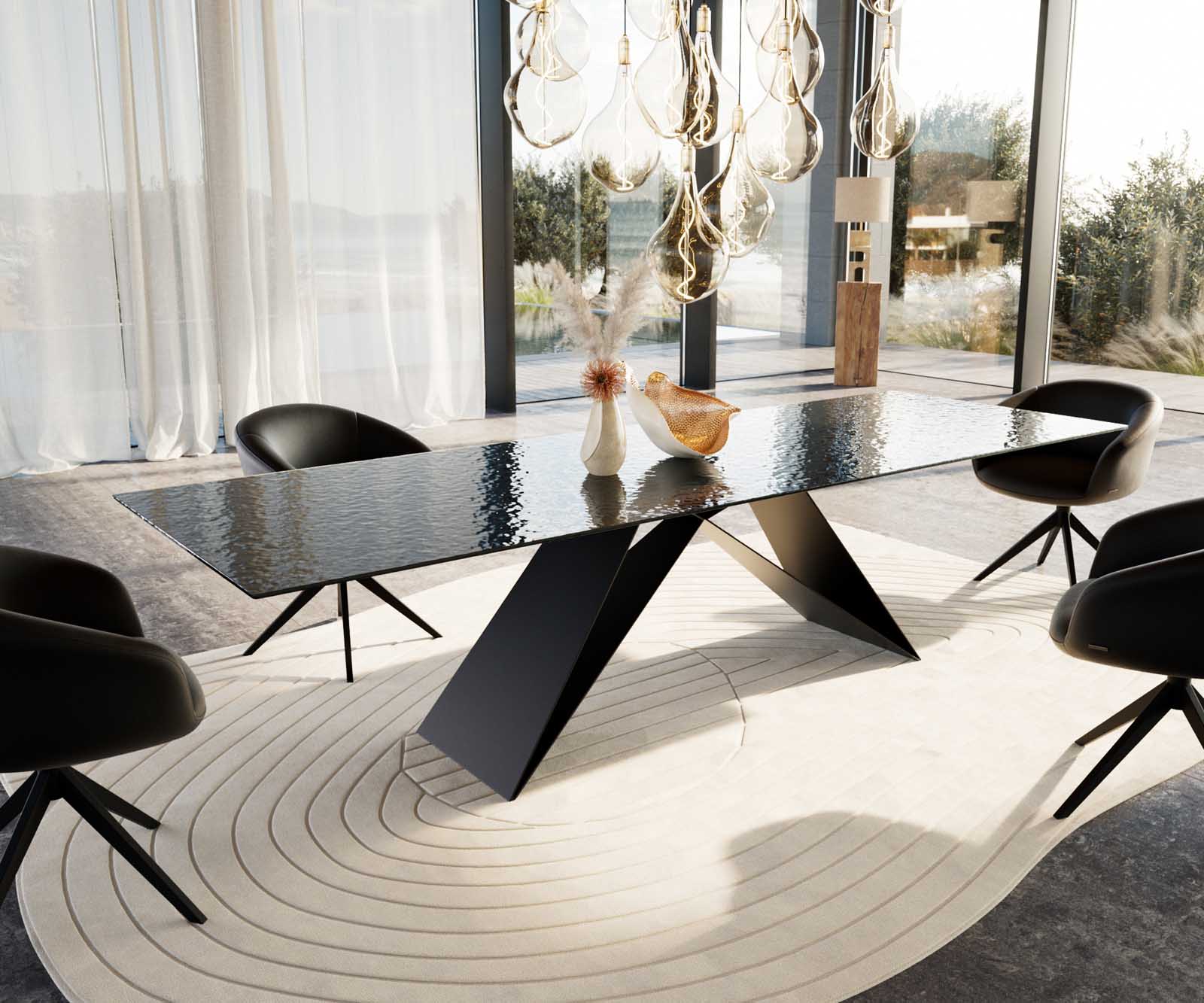 Stół do jadalni Edge 300x100cm szkło reliefowe czarne efekt 3D rama V metal czarna