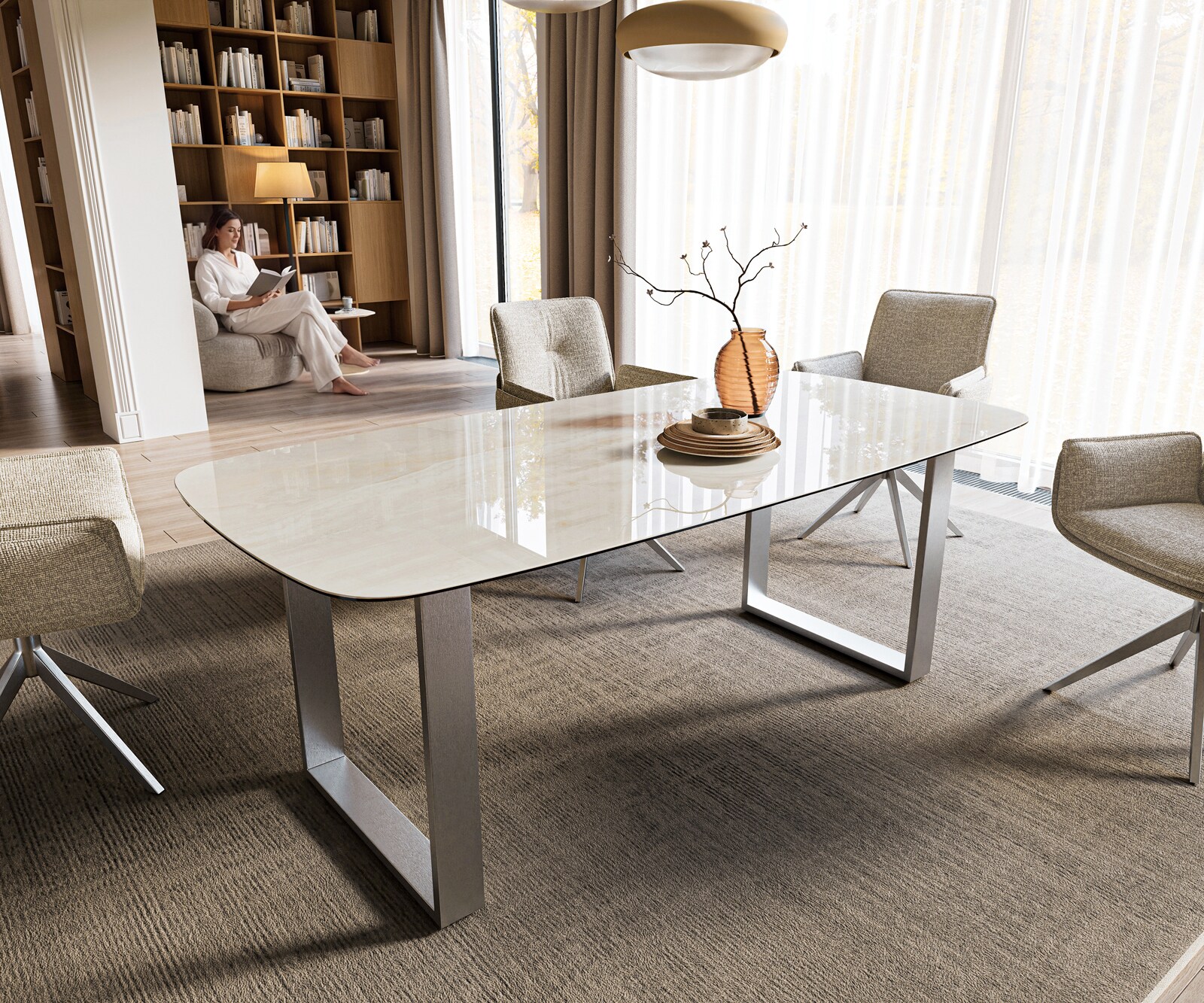 Stół do jadalni Edge w kształcie beczki 200x100 cm ceramika Onyx Champagne stal nierdzewna rama szeroka