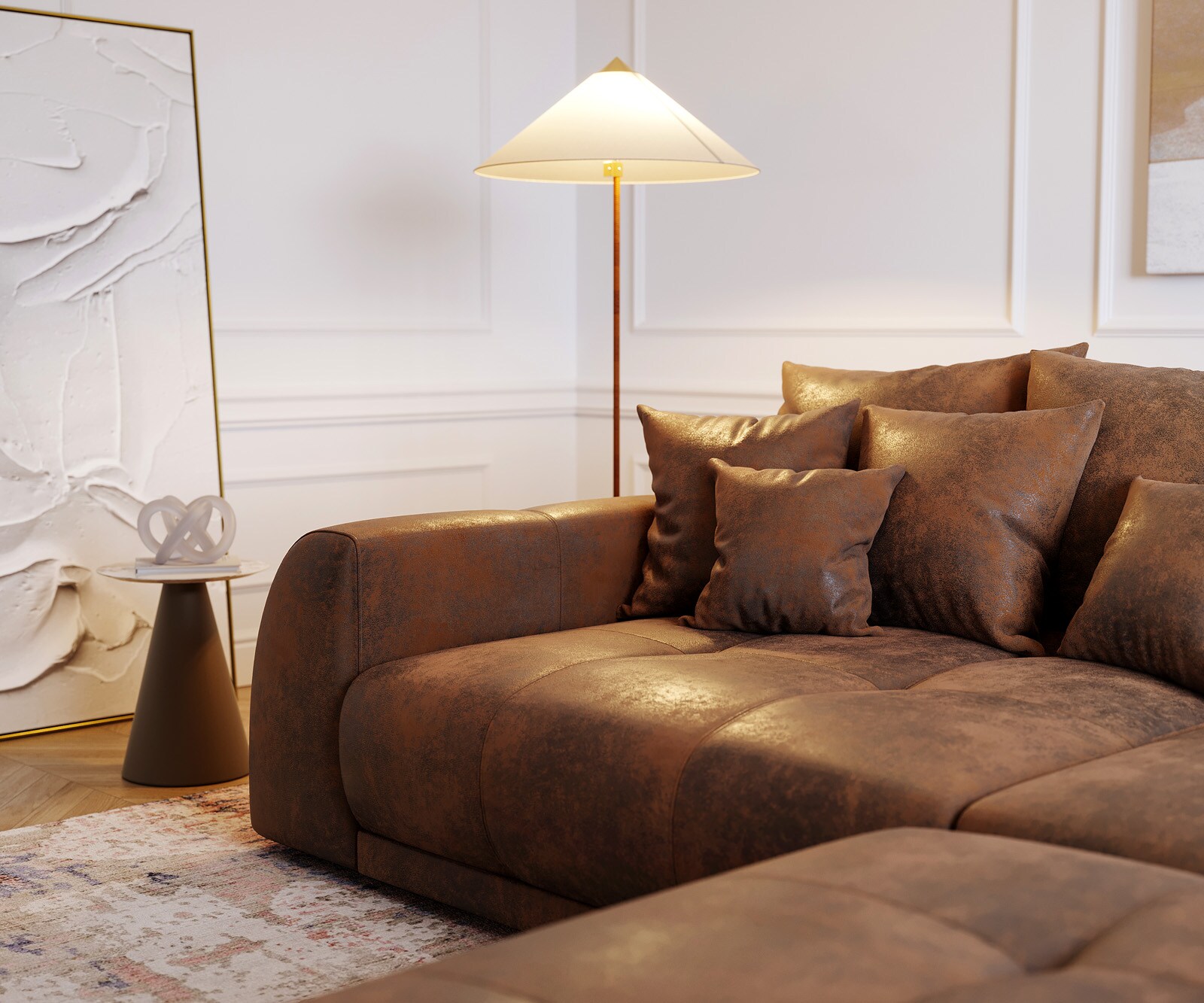 Sofa Violetta XL 310x135cm brązowy antyczny z pufem i poduszkami 4