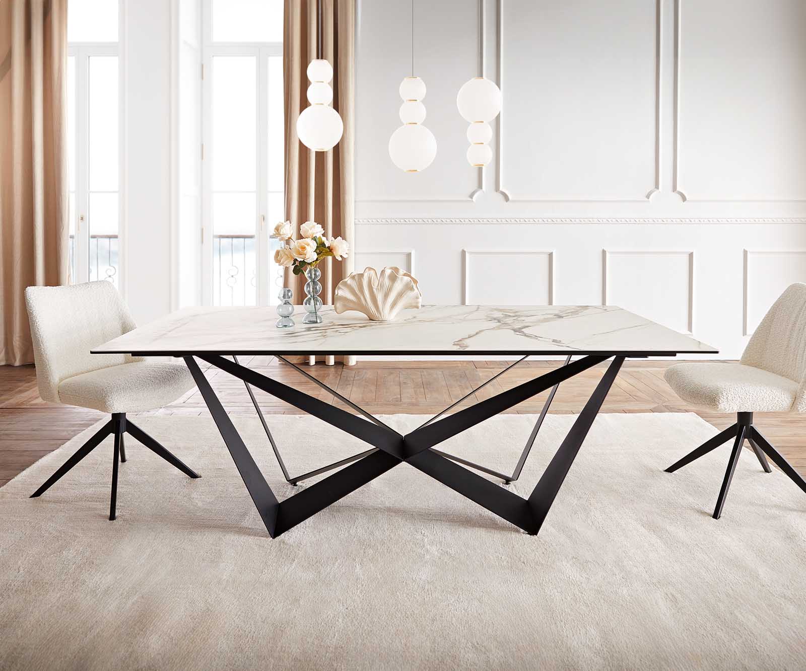 Stół do jadalni Edge 200x100 cm ceramika Calacatta Luxe biało-złoto-szary rama Spider metal czarna 1