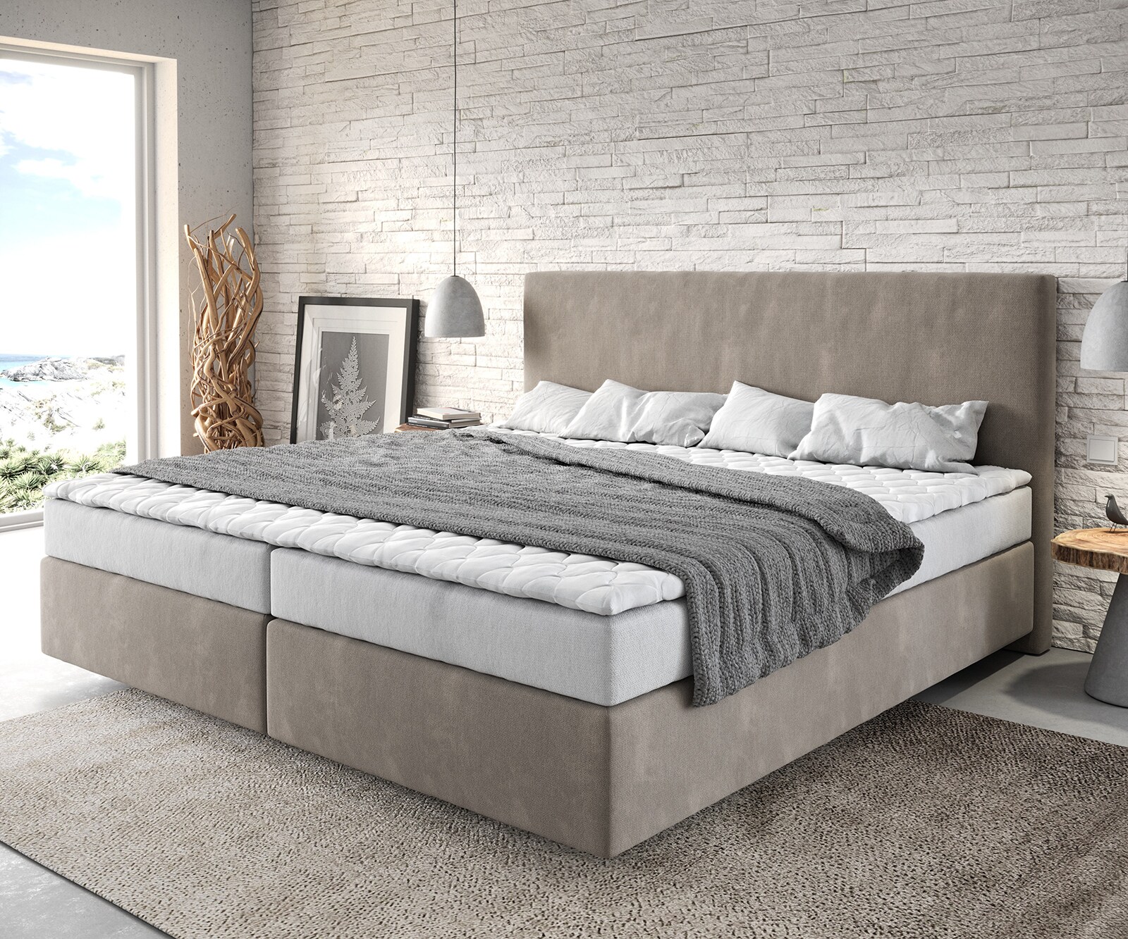 Łóżko kontynentalne Dream-Well mikrofibra beżowa 200x200cm materac bonellowy topper PU