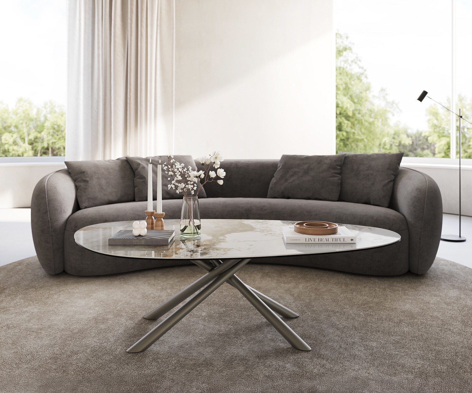 Stolik kawowy Edge owalny 140x75 cm ceramika Minas Melange Sarity wykończenie tytanowe 2