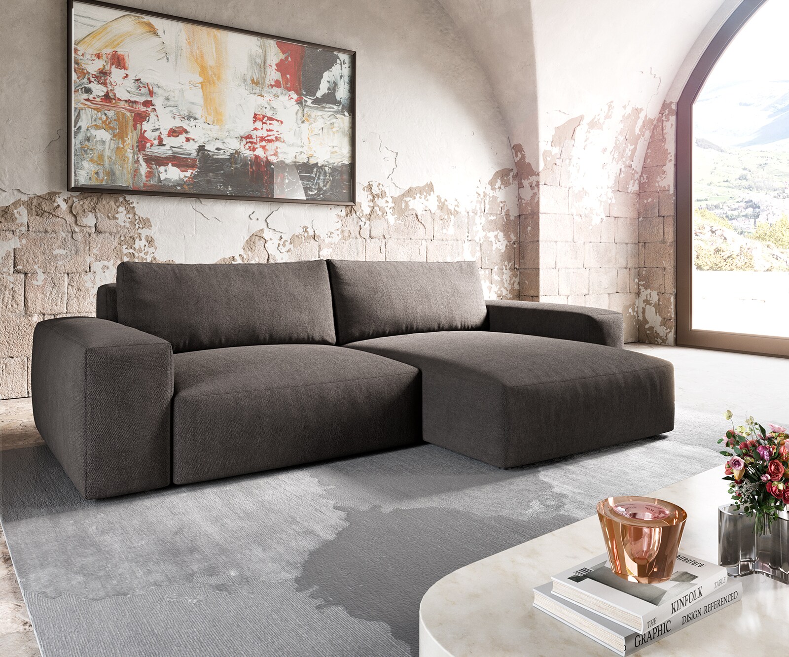 Sofa narożna Lanzo XL 270x180cm mikrofibra brąz khaki szezlong z możliwością zmiennego ustawienia