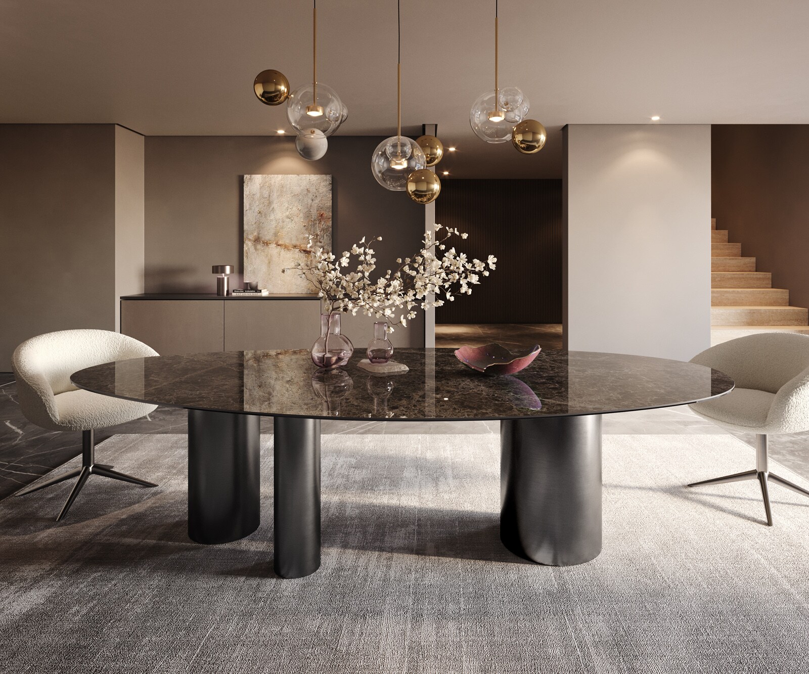 Stół do jadalni Edge owalny 280x130cm ceramika Emperador Extra Lucidato ciemnobrązowa rama Troa stal nierdzewna kolor grafitowy 2