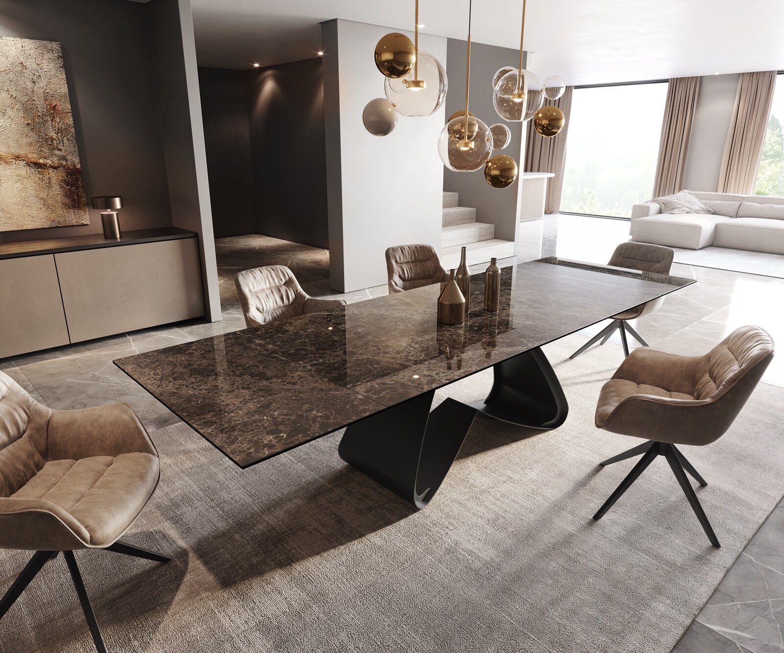 Stół do jadalni Edge 200-300x100 cm ceramika Emperador Extra Lucidato ciemnobrązowy rama W czarna rozkładany