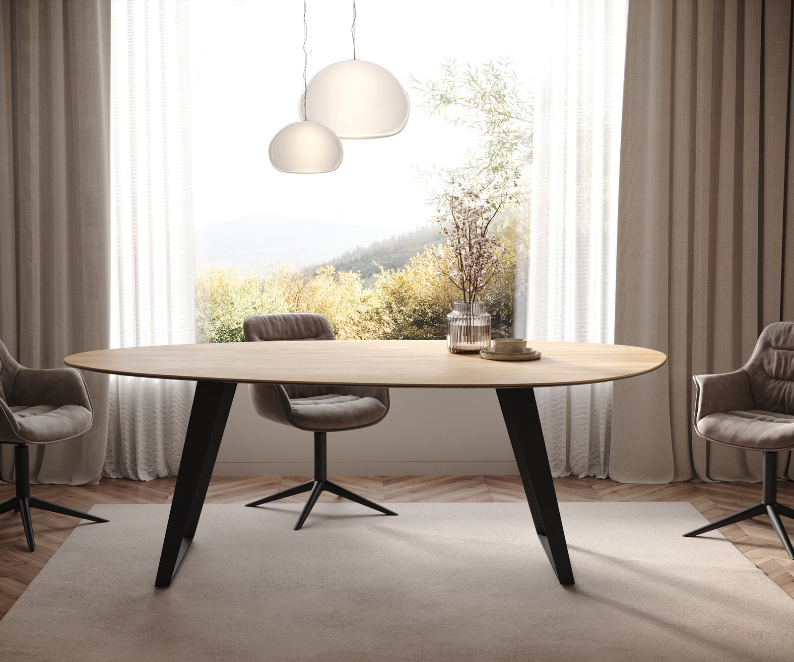 Stół do jadalni Edge owalny 220x120cm ceramika Laminam® Sabbia kolor dębowy rama pochylona metal czarny 1