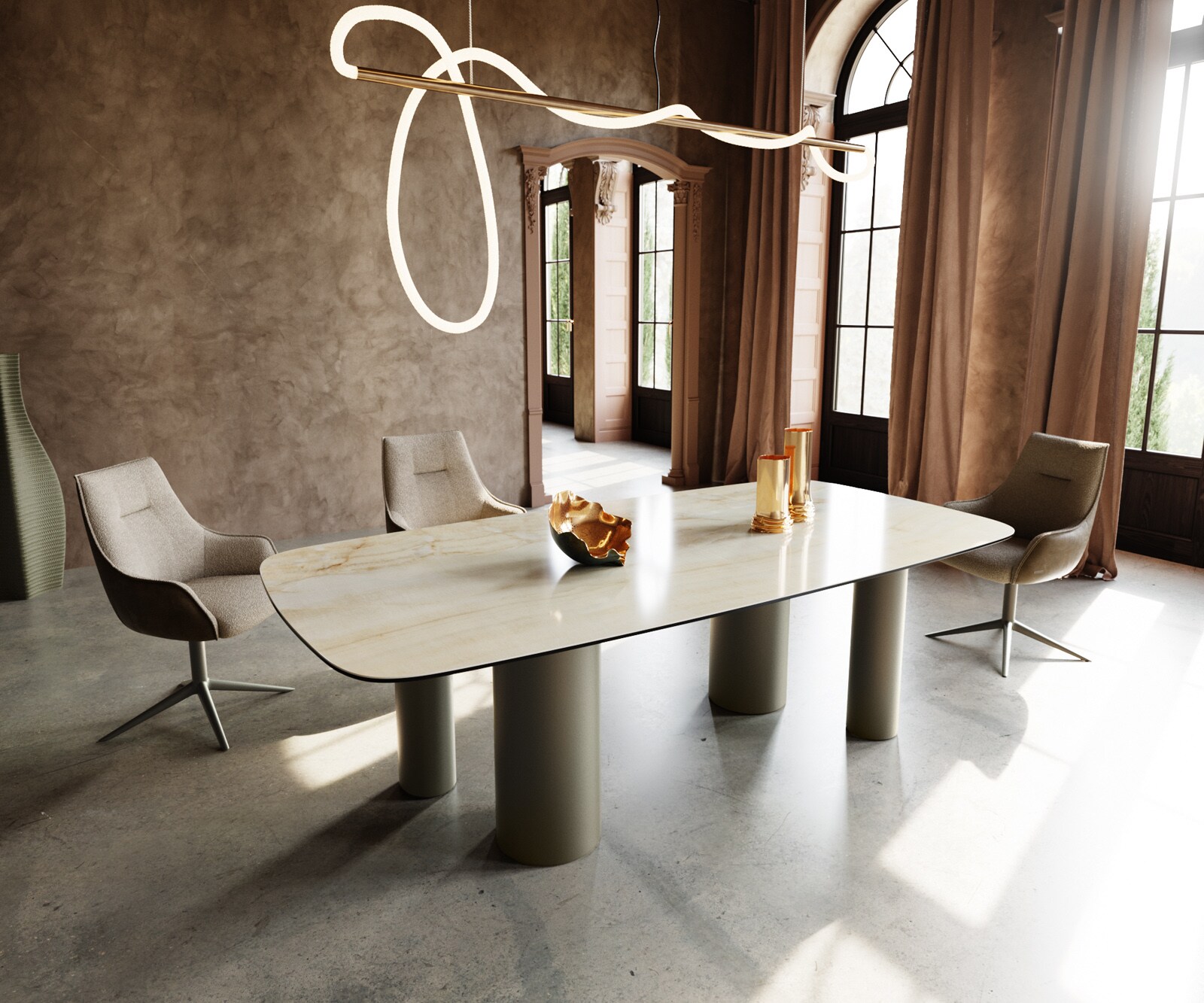 Stół do jadalni Edge kształt beczki 240x120cm ceramika Iris FMG Onice Oro rama Pilier metal kolor tytanowy