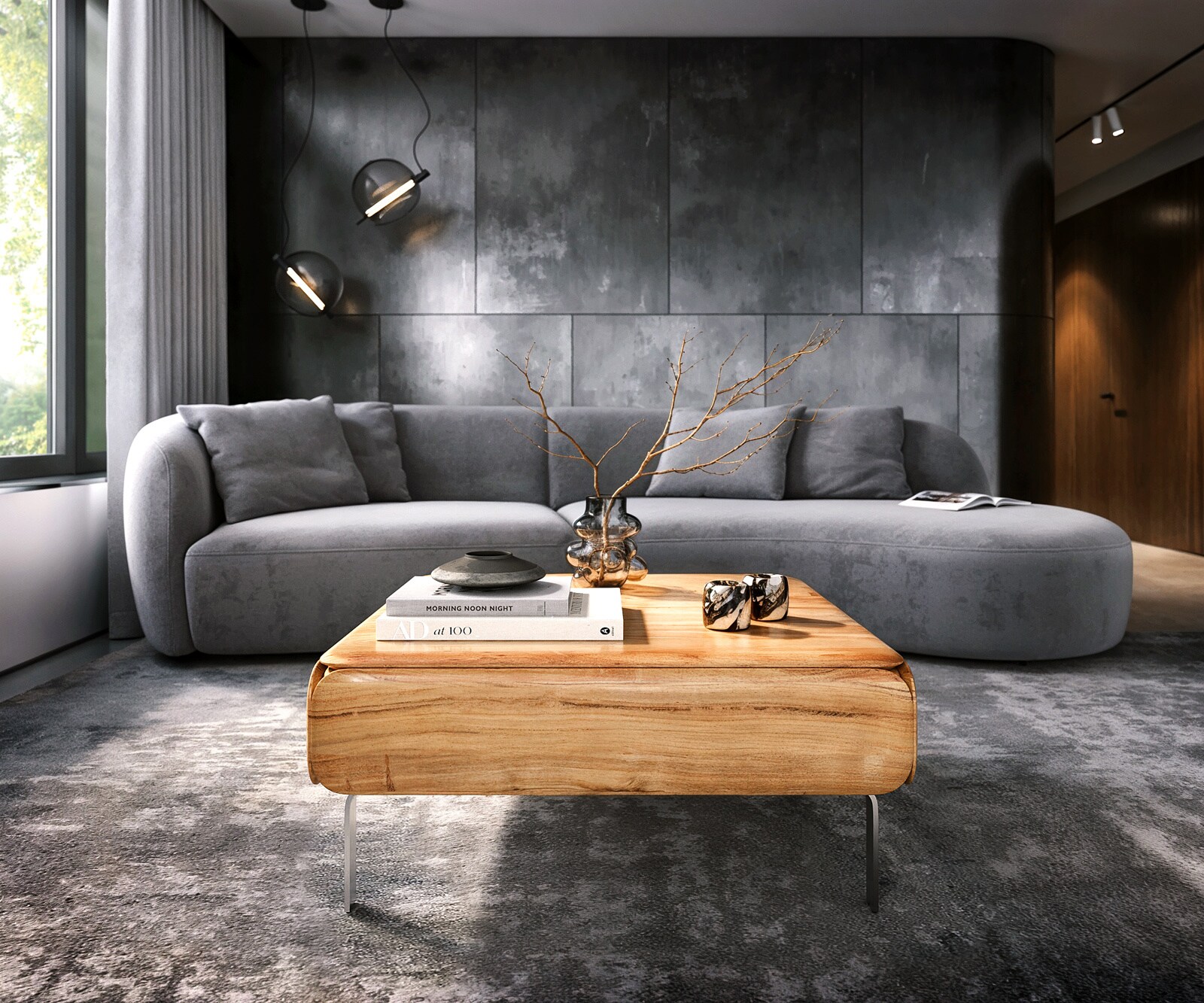 Stolik kawowy Shavani 90x90 cm akacja naturalna 2 Türen L-Fuß stal nierdzewna Silber 1