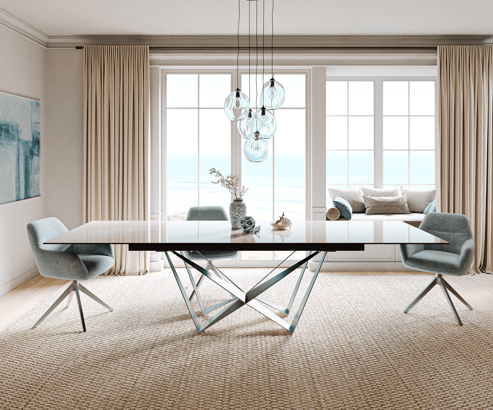 Stół do jadalni Edge 200-300x100cm ceramika Onyx Champagne rama Spider stal nierdzewna rozkładany 1