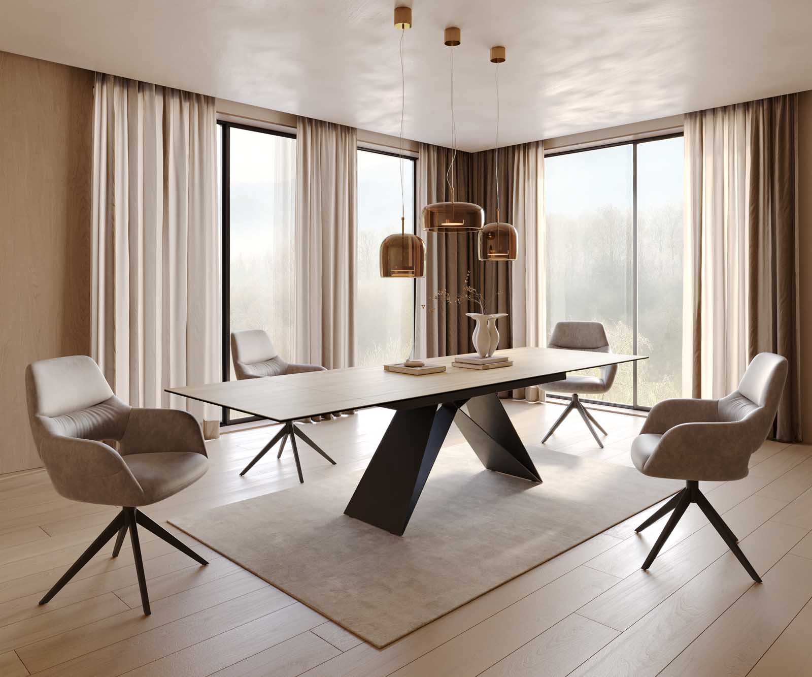 Stół do jadalni Edge 200-300x100 cm ceramika Laminam® Sabbia kolor dębu rama V metal czarna rozkładany 8