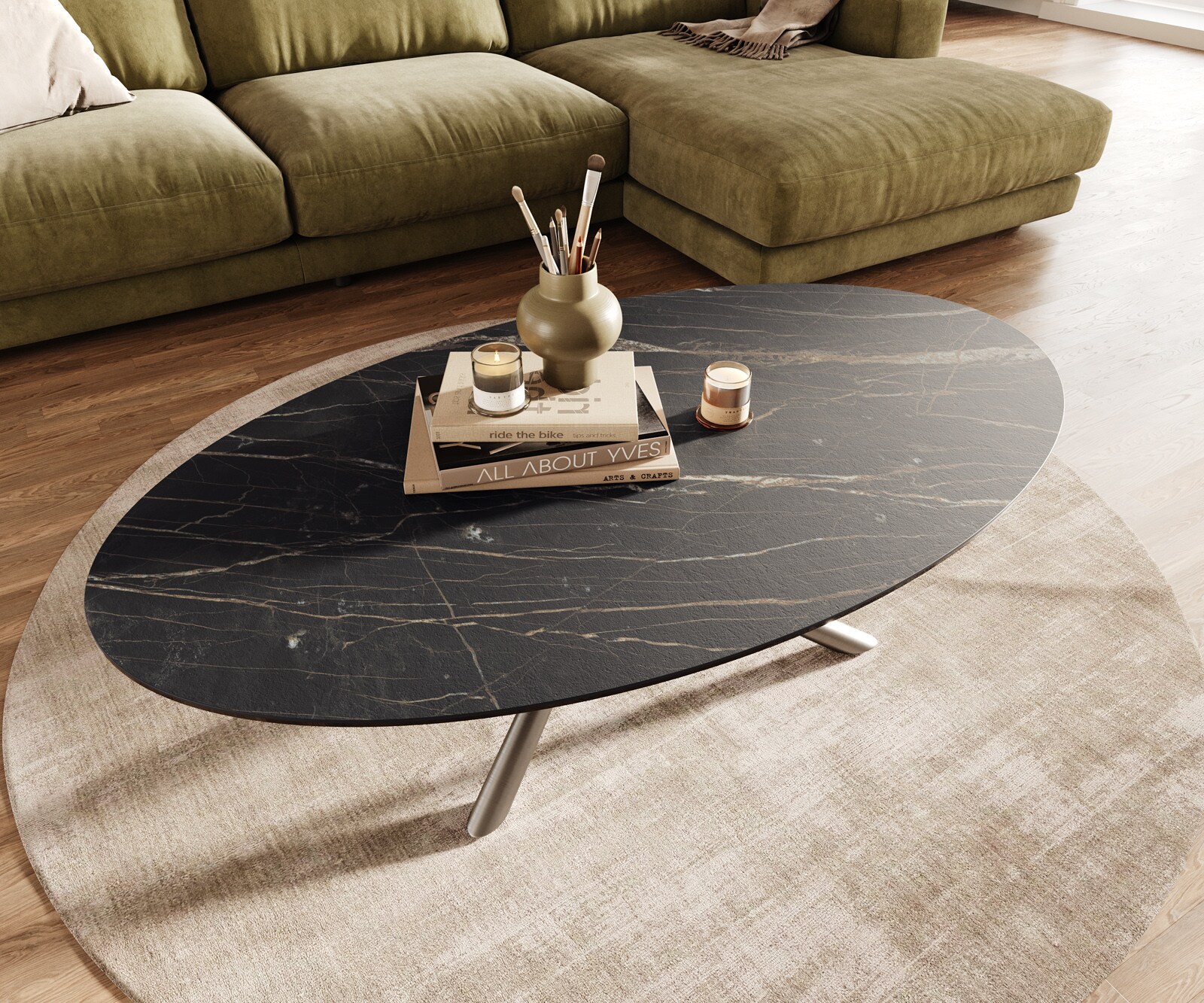 Stolik kawowy Edge owalny 140x80 cm ceramika Laminam® Noir Desir brązowa podstawa Sarity stal nierdzewna szczotkowana 4