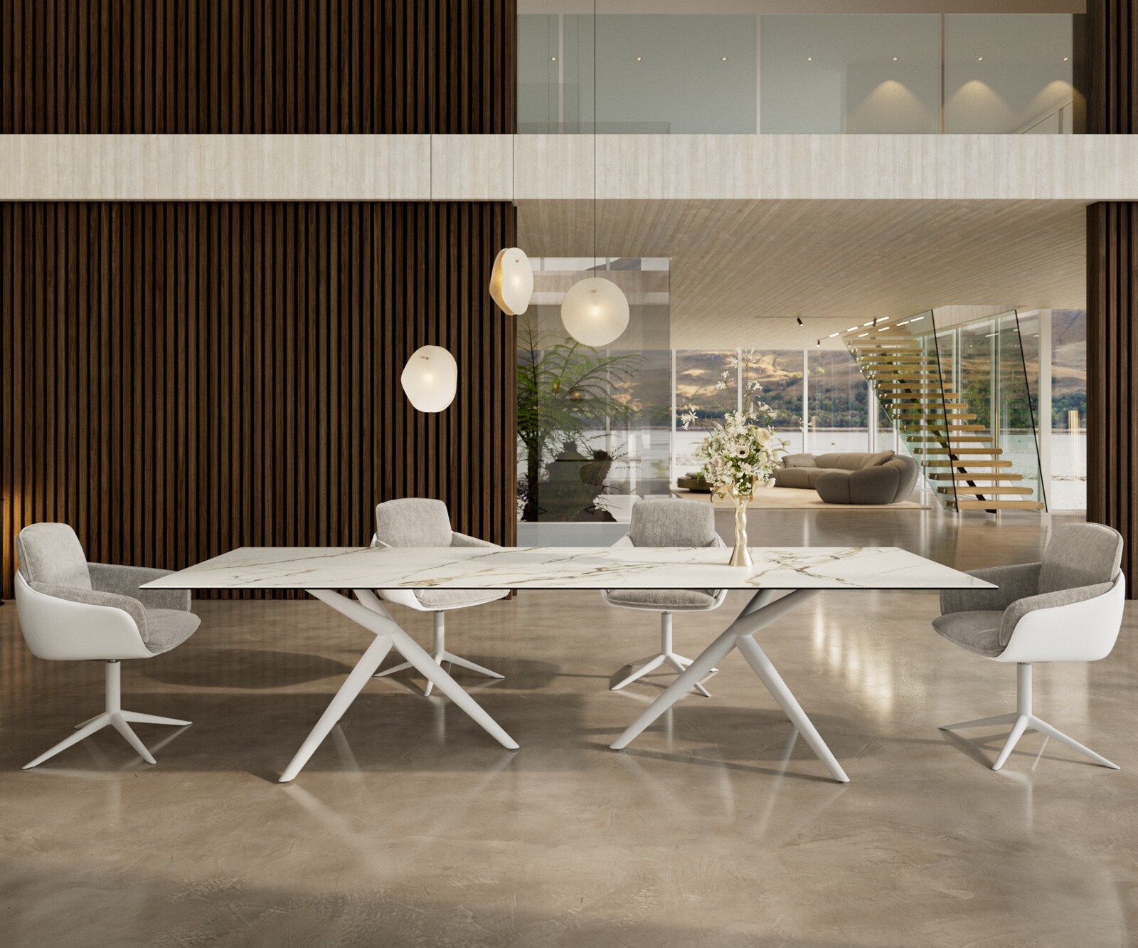 Stół do jadalni Edge 300x100cm ceramika Calacatta Luxe biało-złoto-szary rama Estelar metal biały