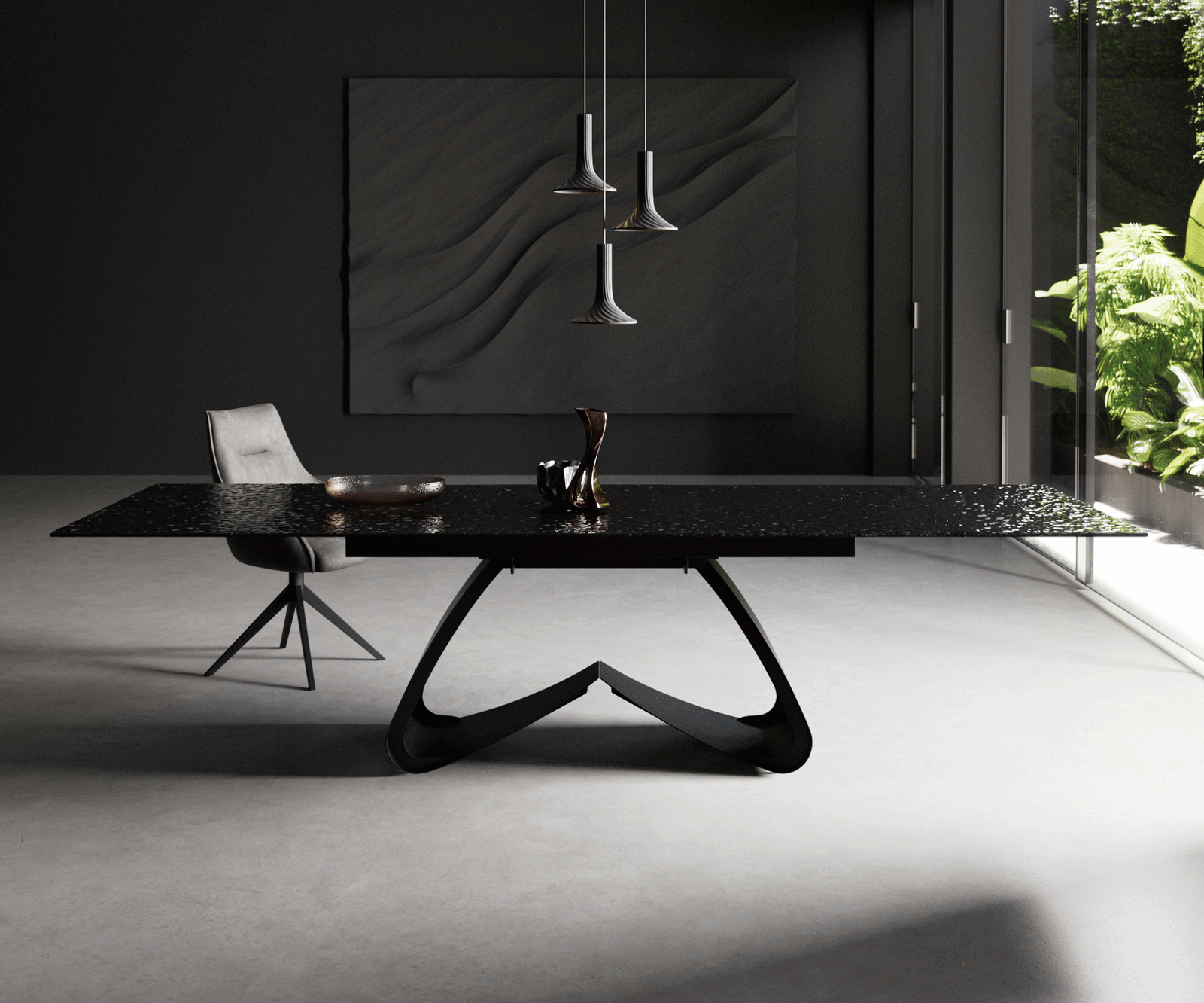 Stół do jadalni Edge 200-300x100 cm szkło reliefowe czarne efekt 3D rama W czarna rozkładany 1