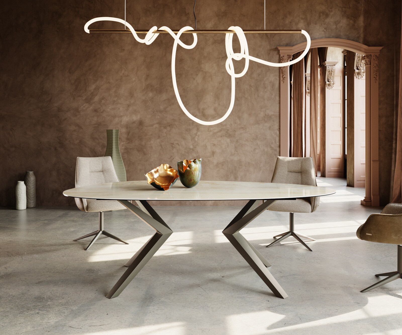 Stół do jadalni Edge owalny 220x120cm ceramika Iris FMG Onice Oro rama Zenthara metal kolor tytanowy 1