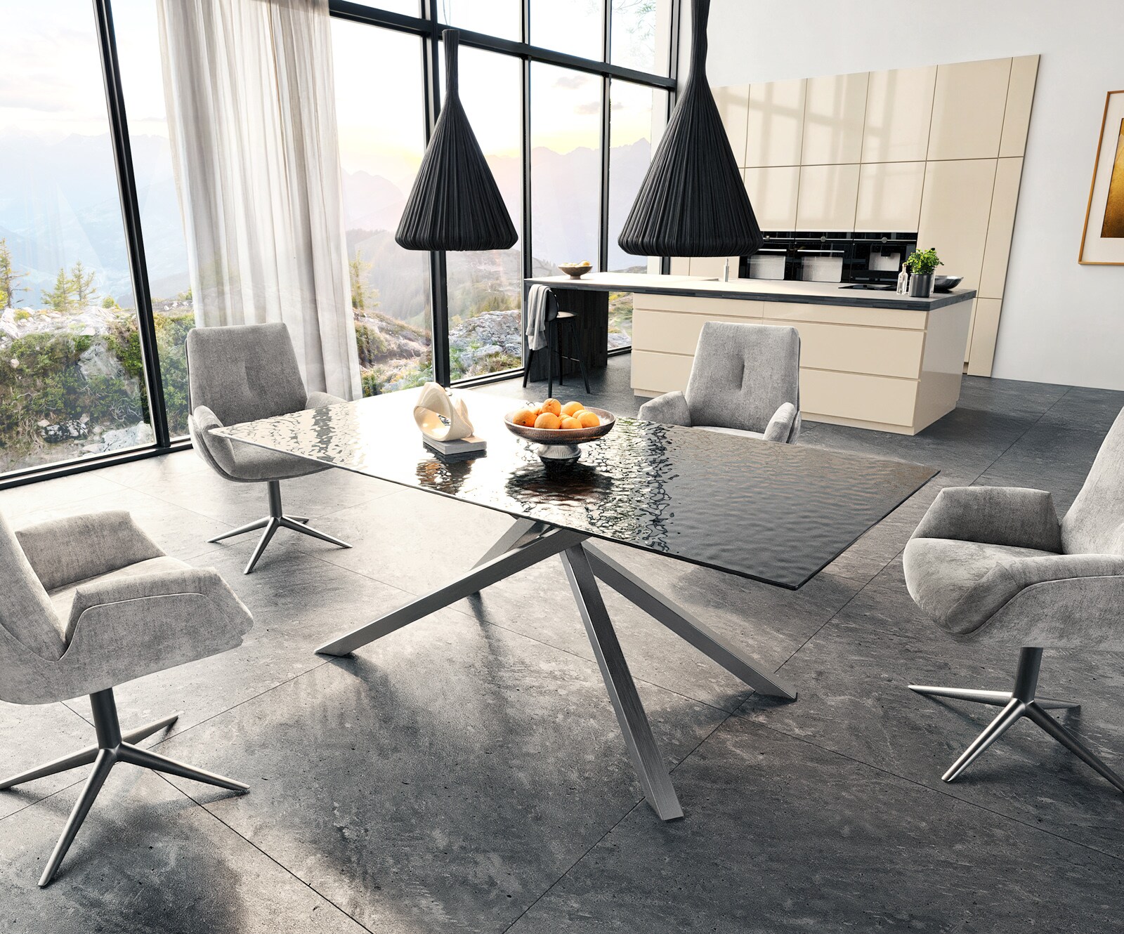 Stół do jadalni Edge 200x100 cm szkło reliefowe czarne efekt 3D rama Cross stal nierdzewna 6
