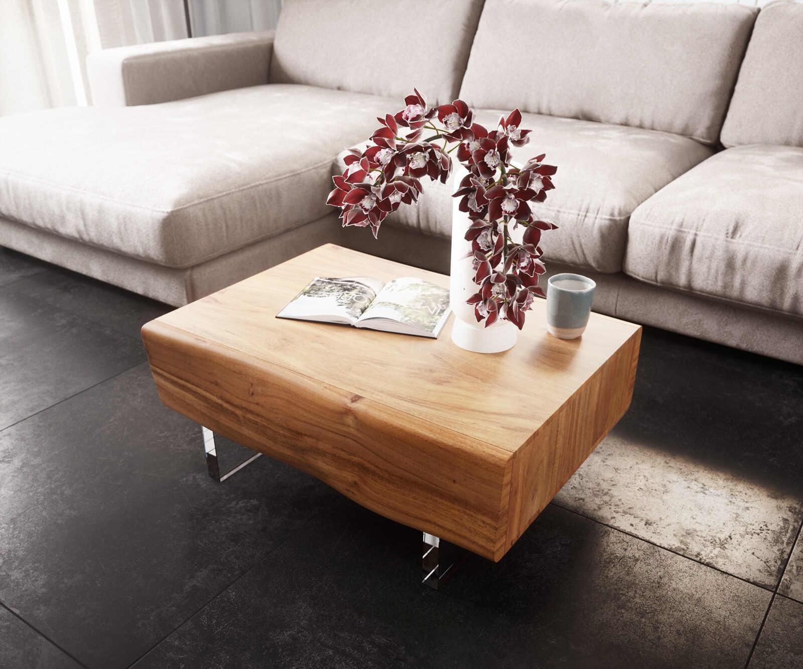Stolik kawowy New Live-Edge 80x60cm akacja naturalna 2 szuflady nóżki płozowe stal nierdzewna szczotkowana 4