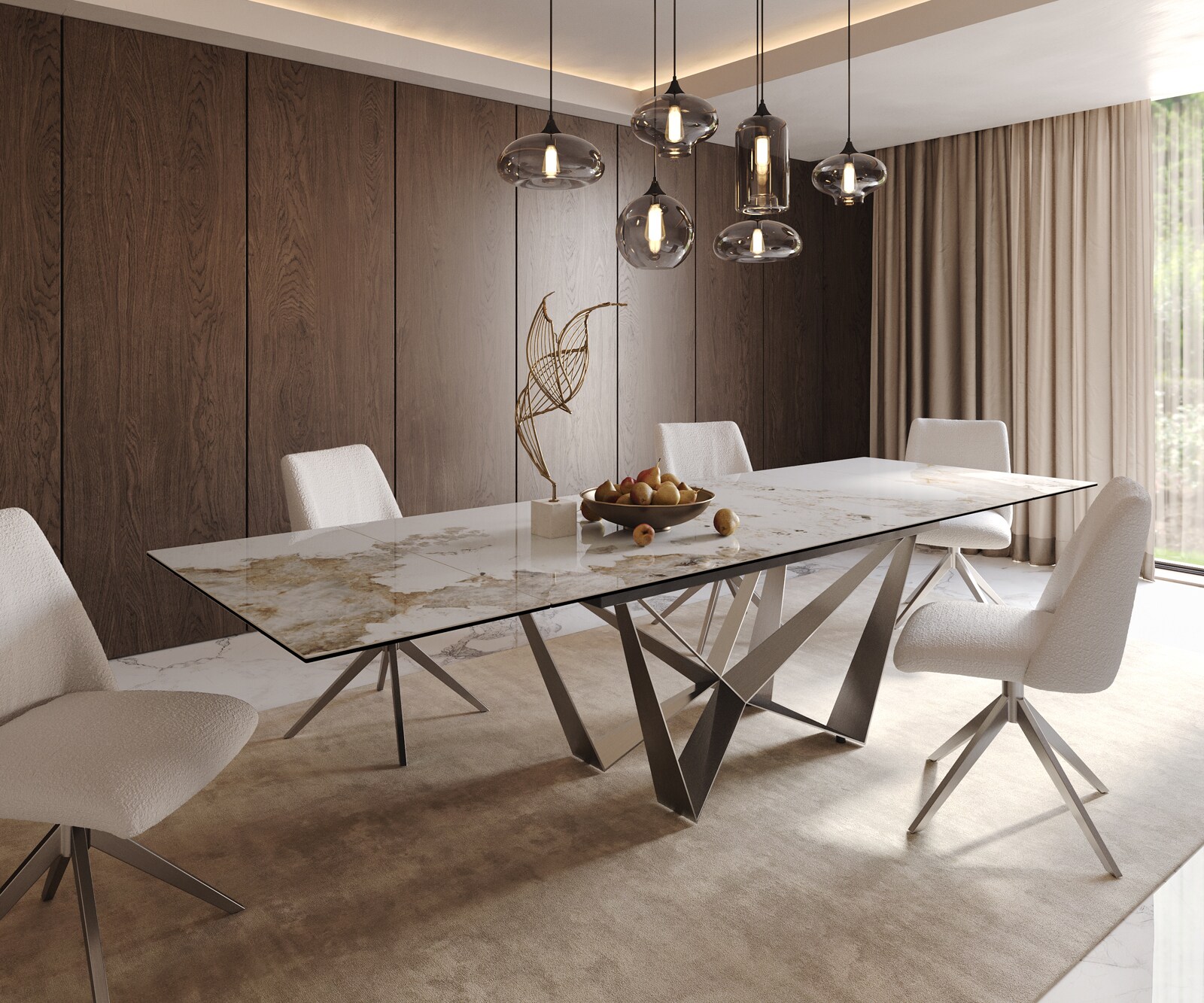 Stół do jadalni Edge 200-300x100 cm ceramika Minas Melange biało-beżowy rama Spider stal nierdzewna rozkładany 1