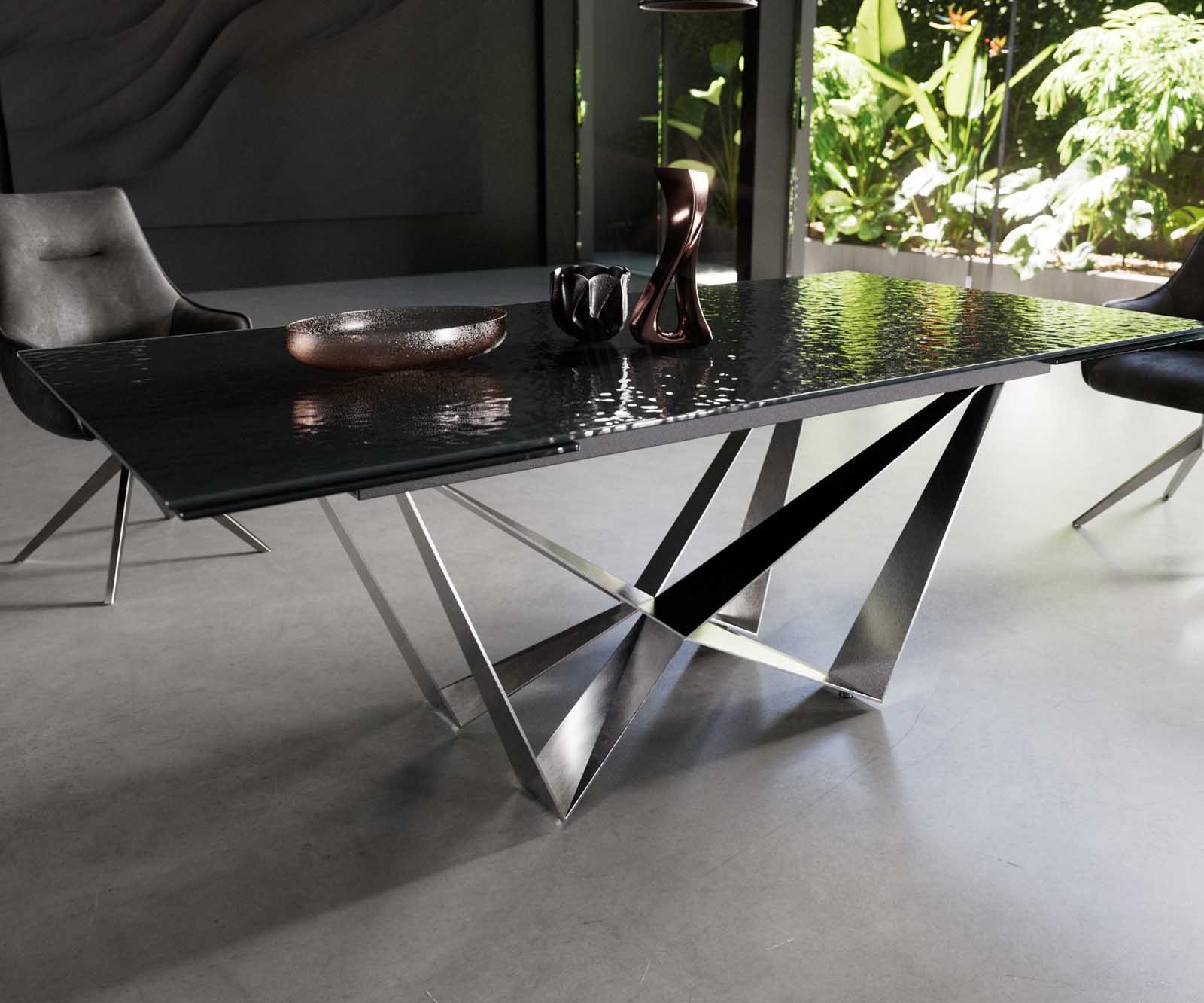 Stół do jadalni Edge 200-300x100 cm szkło reliefowe czarne efekt 3D rama Spider stal nierdzewna rozkładany 5