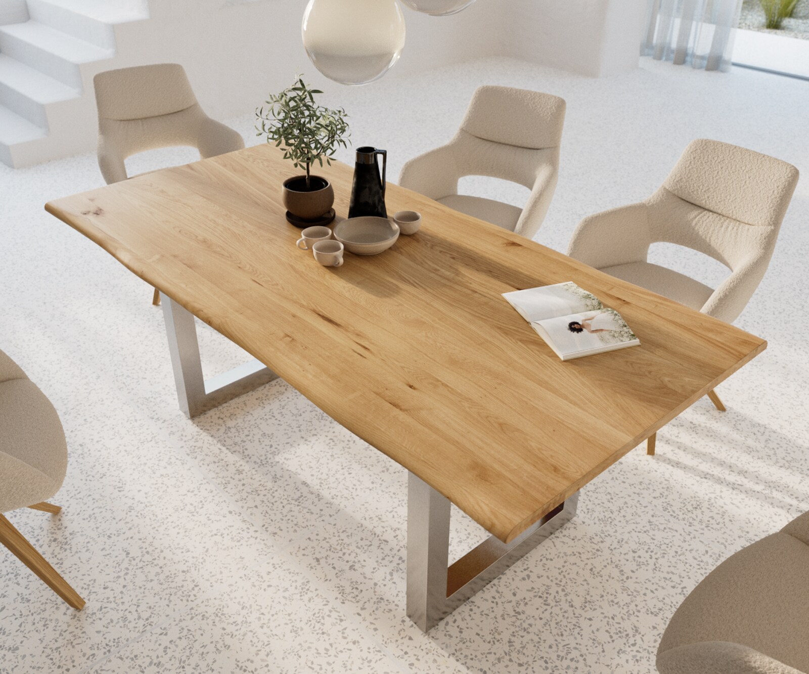 Stół do jadalni Edge 200x100x2,5-3 cm dąb naturalny stal nierdzewna szeroka rama live-edge 3
