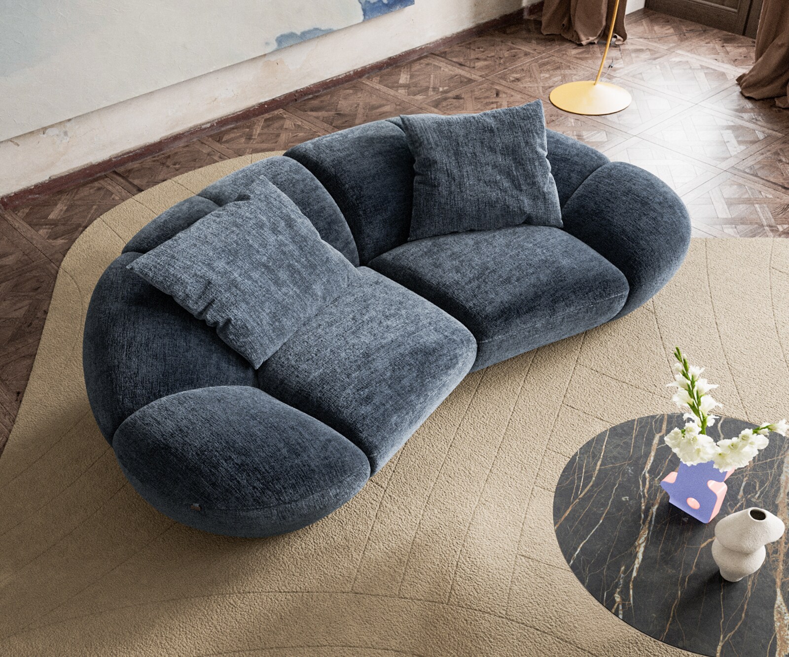 Sofa Lunna 280x70 cm szenil niebieski 2 poduszki 1