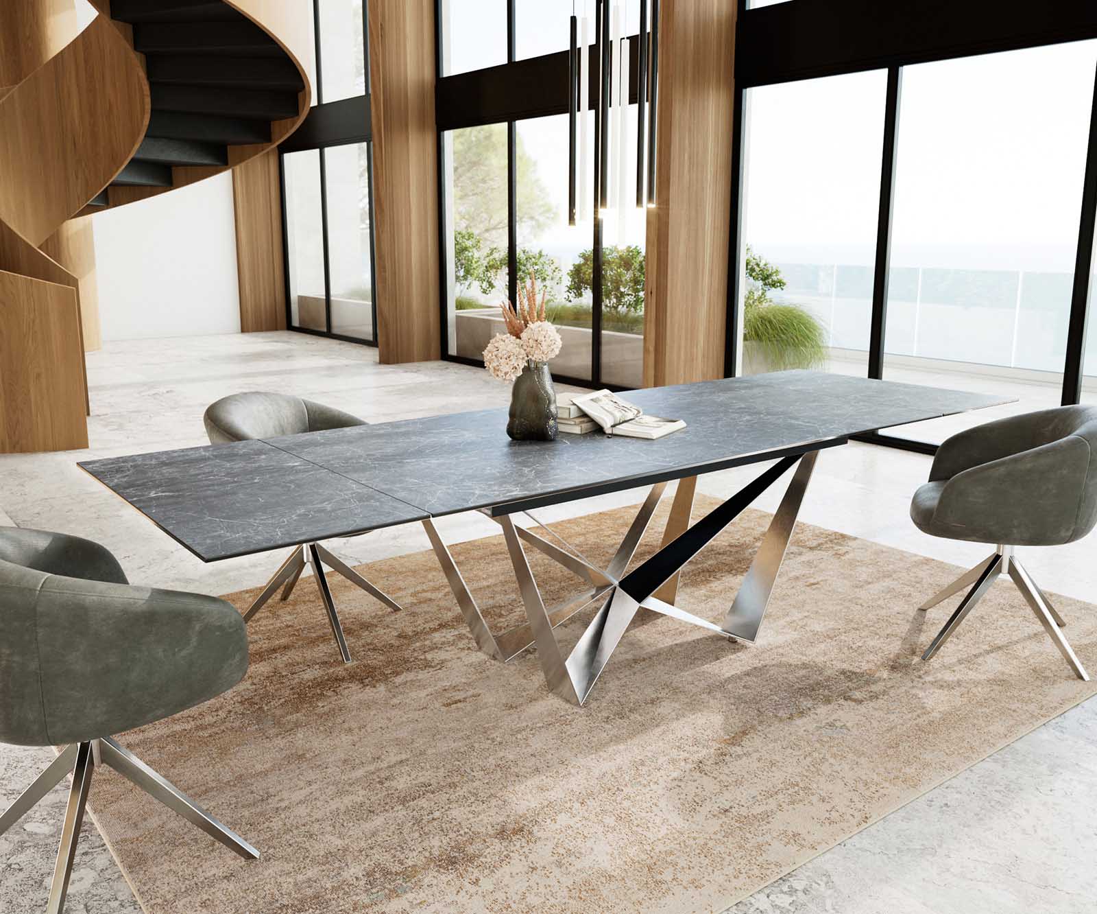 Stół do jadalni Edge 200-300x100 cm ceramika Laminam® Nero Greco antracyt rama Spider stal nierdzewna rozkładany 4