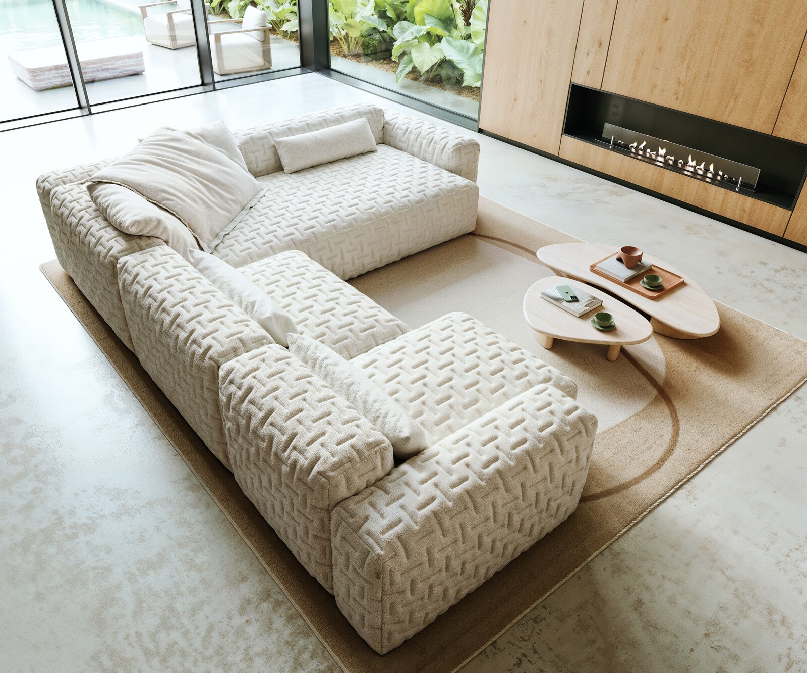 Sofa w kształcie litery U Freestyle 360x290 cm miękka tkanina bouclé beżowa pikowana 3