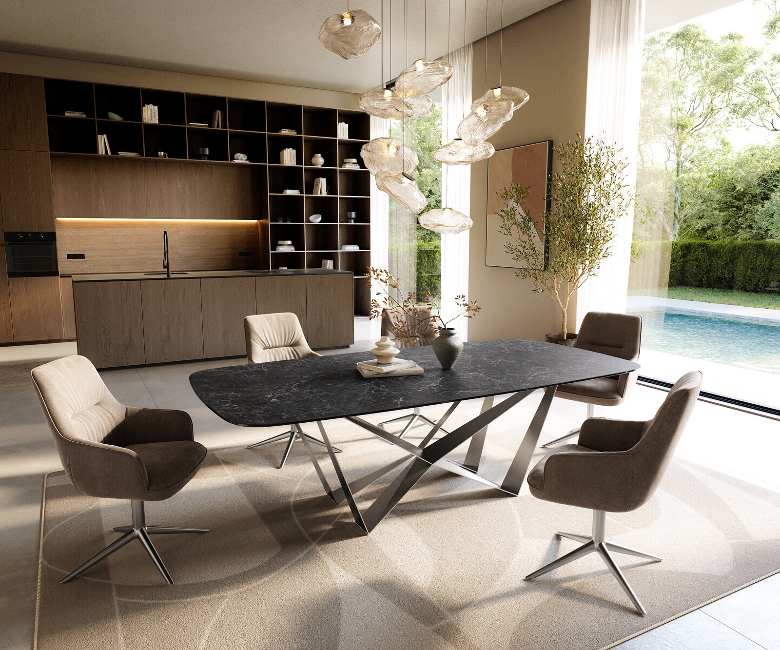 Stół do jadalni Edge w kształcie beczki 240x120 ceramika Laminam® Nero Greco antracytowa rama Spider stal nierdzewna 6