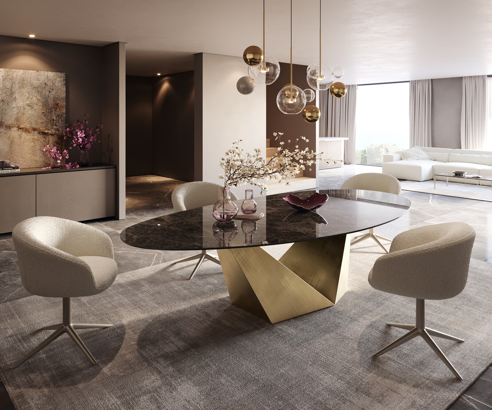 Stół do jadalni Edge owalny 280x130cm ceramika Emperador Extra Lucidato ciemnobrązowy rama Prisma metaliczny złoty 8