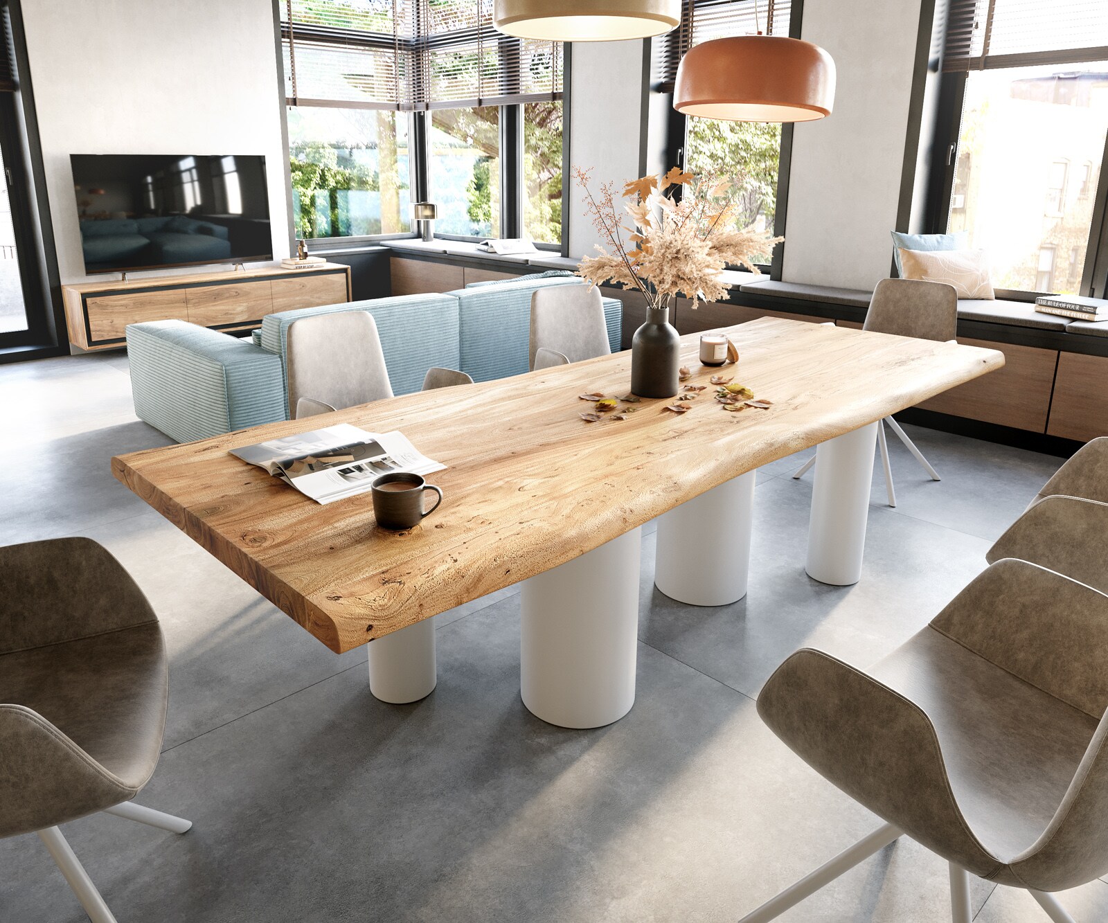 Stół do jadalni Edge 280x100 cm XL akacja naturalna rama Pilier metal biały