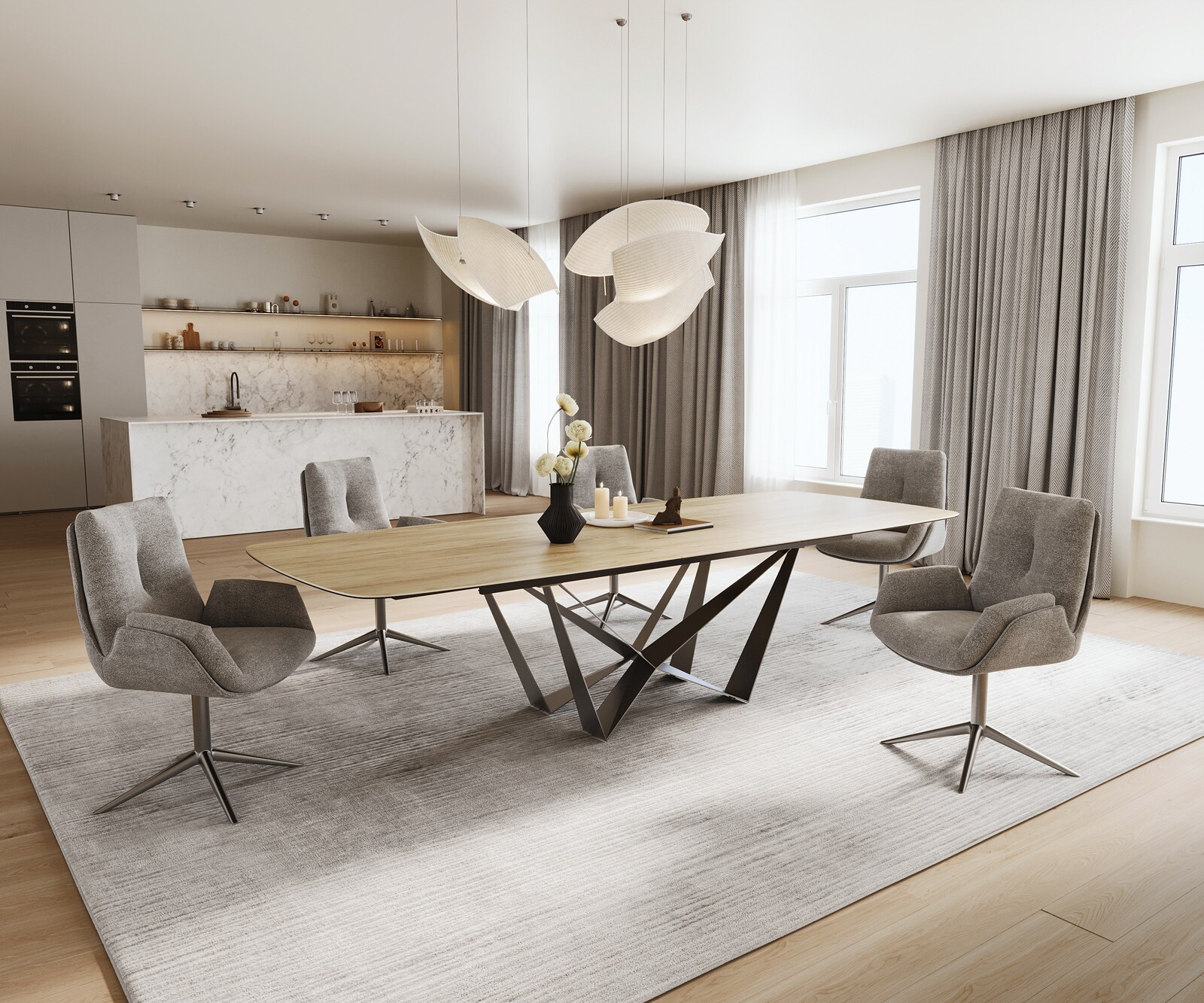 Stół do jadalni Edge w kształcie beczki 240-300x120 cm ceramika Laminam® Sabbia w kolorze dębu rama Spider stal nierdzewna kolor grafitowy rozkładany 6