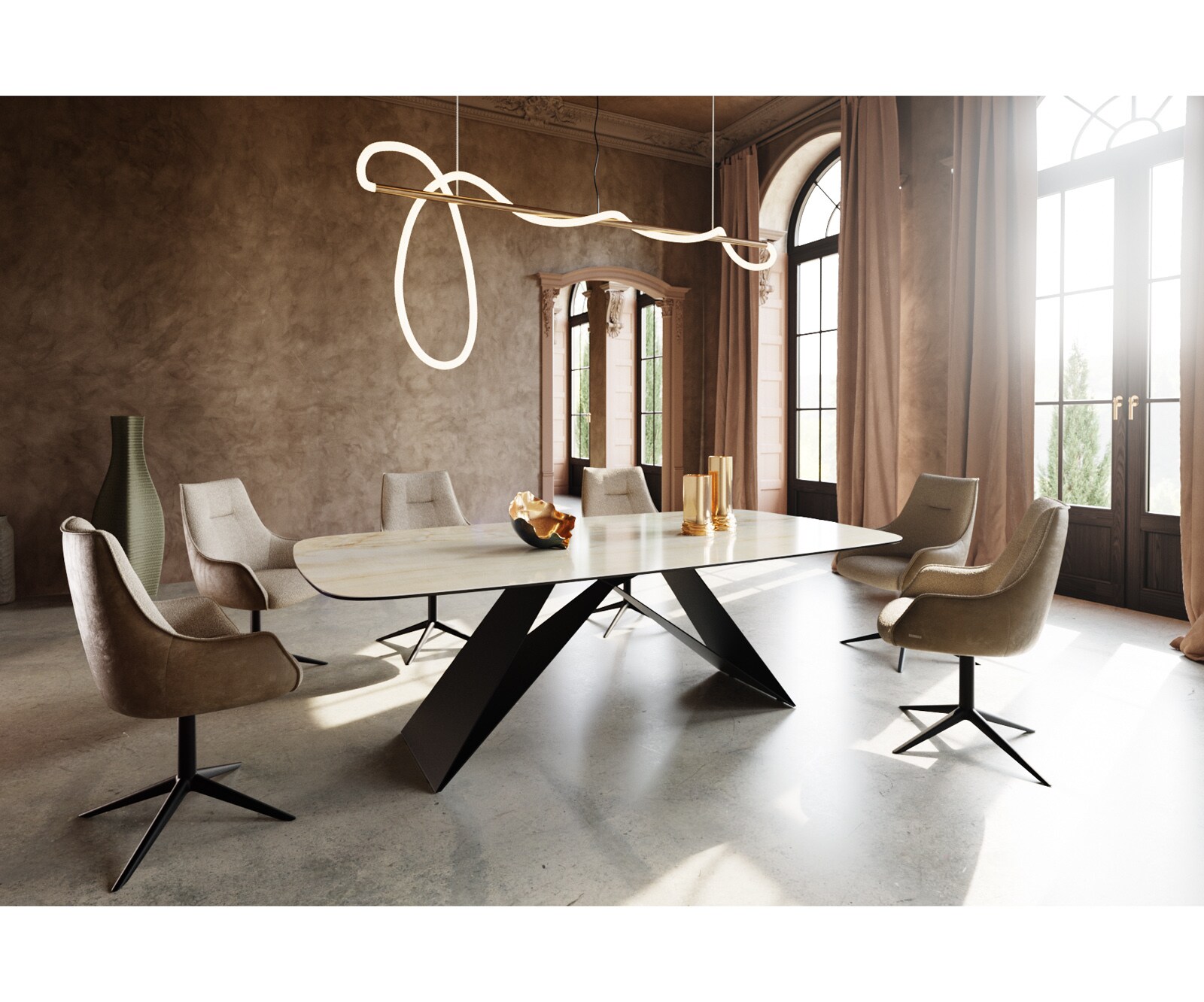 Stół do jadalni Edge kształt beczki 240x120cm ceramika Iris FMG Onice Oro rama V metal czarna 4
