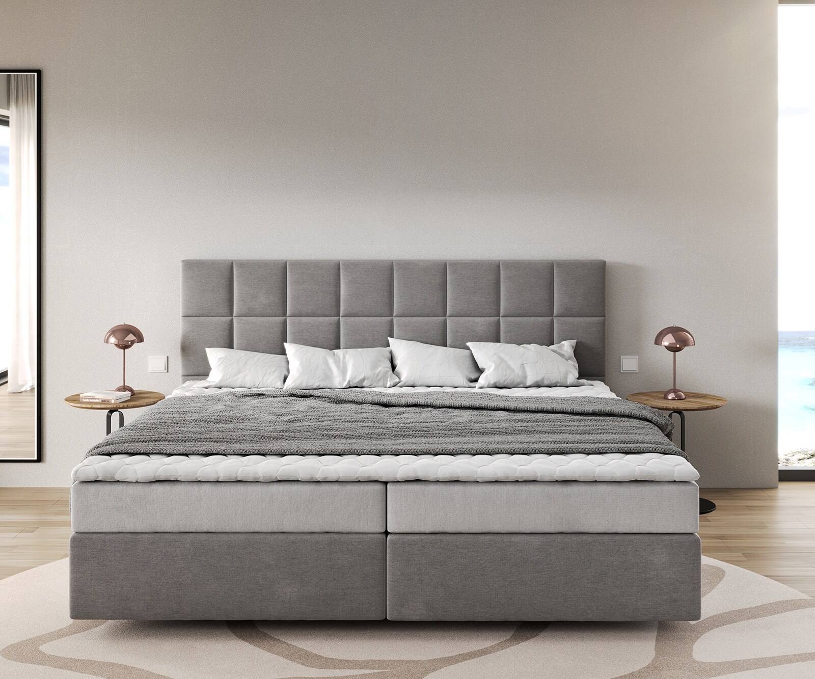 Łóżko kontynentalne Dream-Fine mikrofibra szara 200x200cm materac bonellowy topper PU 1
