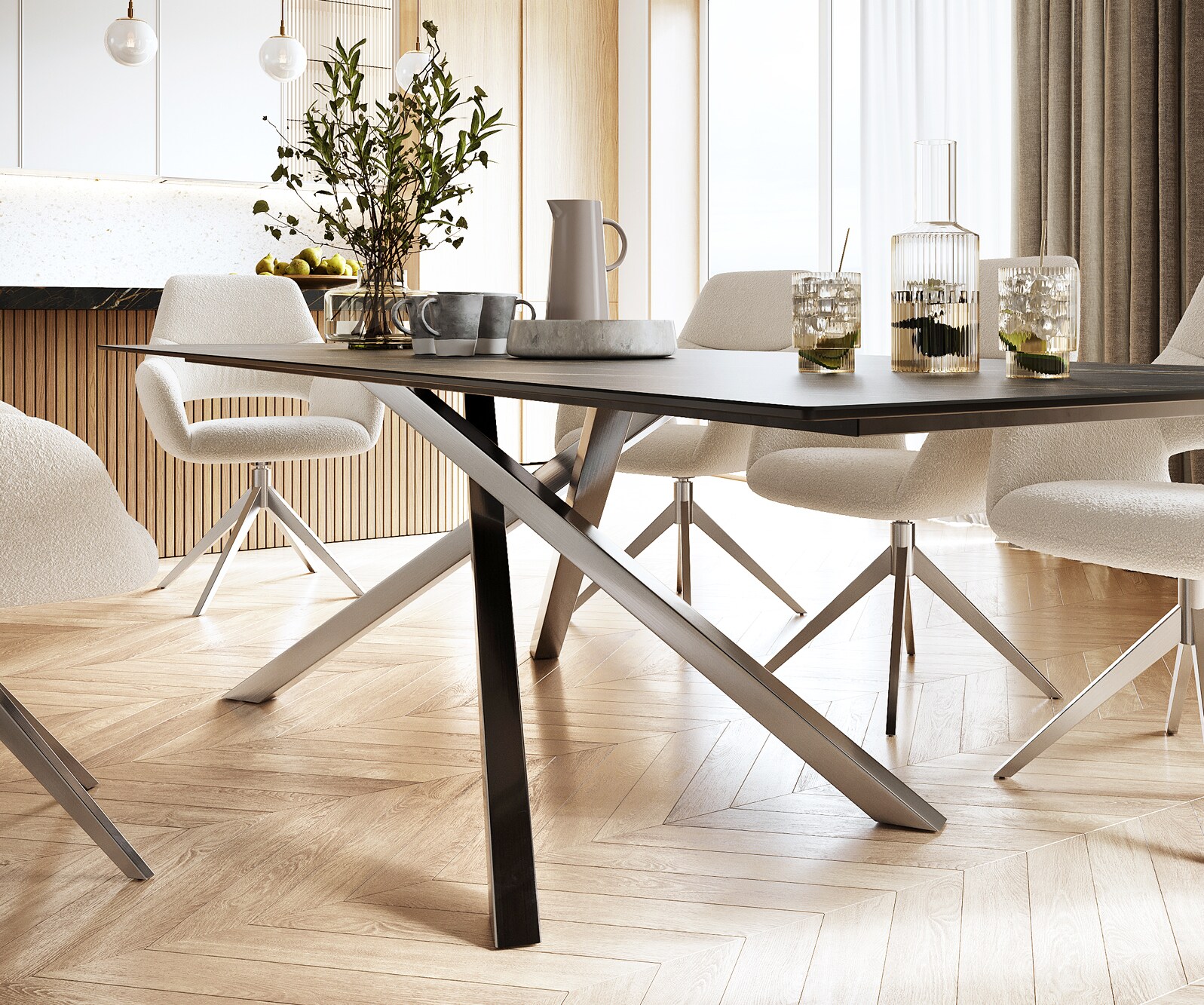 Stół do jadalni Edge 300x100cm ceramika Laminam® Noir Desir brązowy rama Cross stal nierdzewna 4